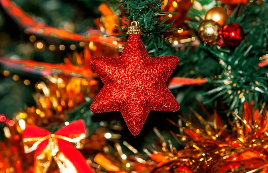 Red shiny star decorates the Christmas tree
