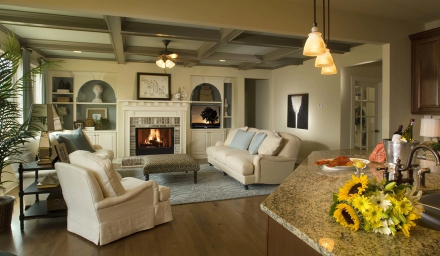 Картинка: Гостиная, комната, декор, камин, огонь, светильники, ковёр, диван, кресло, подсолнухи