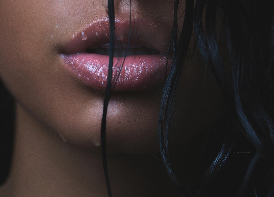 Beautiful wet lips brunettes closeup