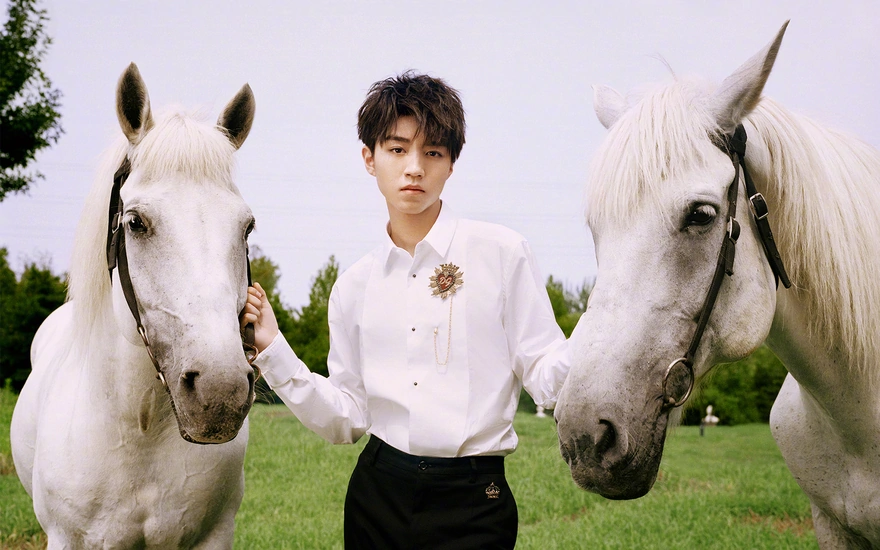 Парень позирует с двумя белыми лошадьми на природе