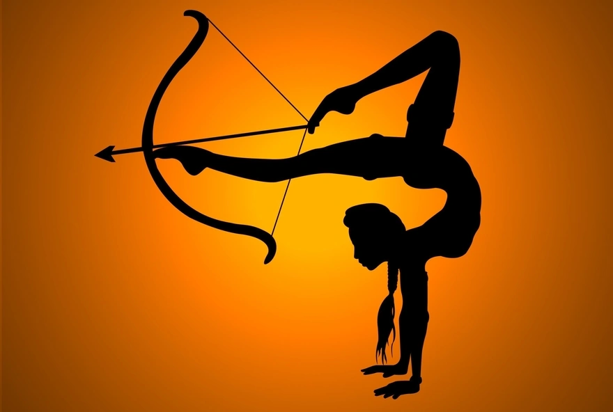 Flexible girl shoots a bow, holding his feet