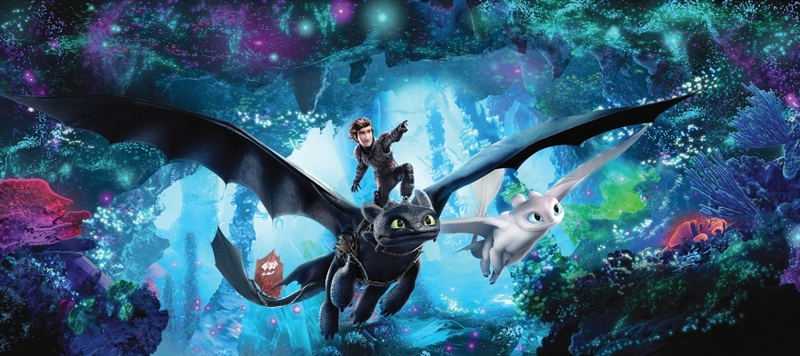 Иккинг указывает своему дракону Беззубику куда нужно лететь, фильм Как приручить дракона 3: Скрытый мир