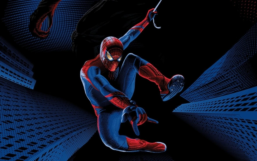 Супергерой, человек-паук, костюм, здания, рука монстра, летит, выстрел