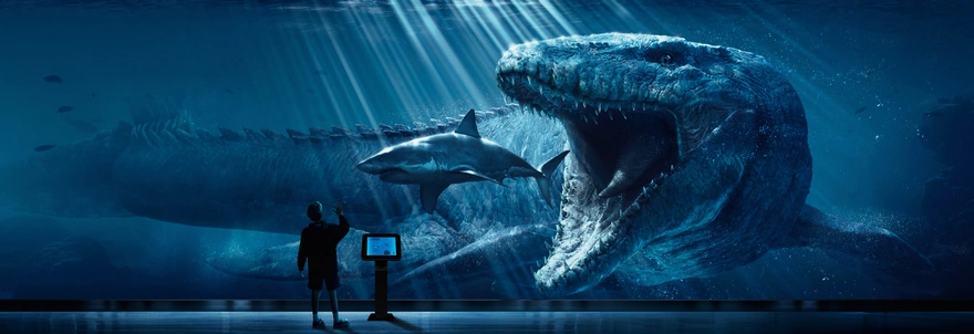 Древний хищник Мозазавр охотится на акулу в аквариуме, а мальчик наблюдает за всем этим