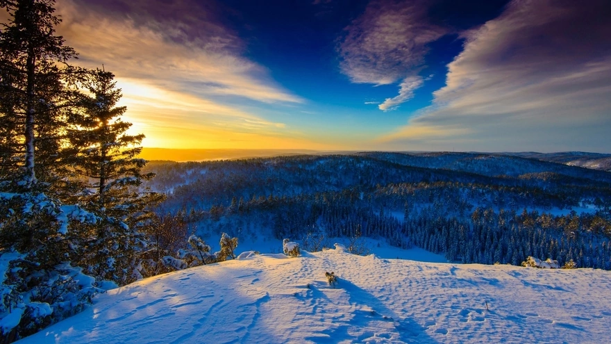 Beautiful view from the hill on the snow-covered taiga