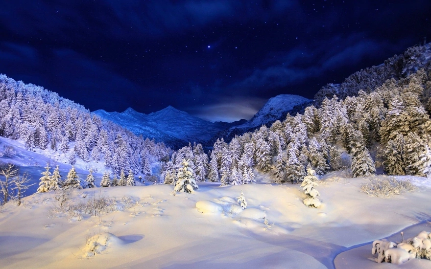 Снежный ночной пейзаж с видом на горы и ели