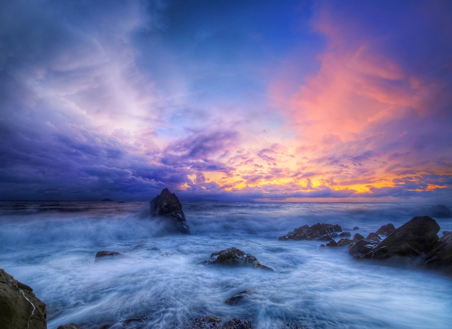 Sea, ocean, waves, rocks, sky, clouds, sunset, dawn, beautiful landscape