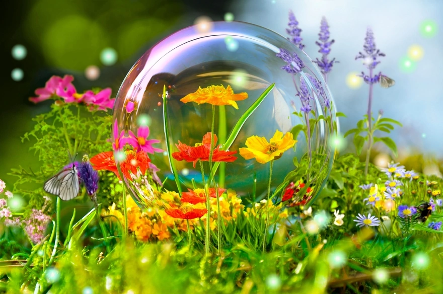 The flowers inside the bubble