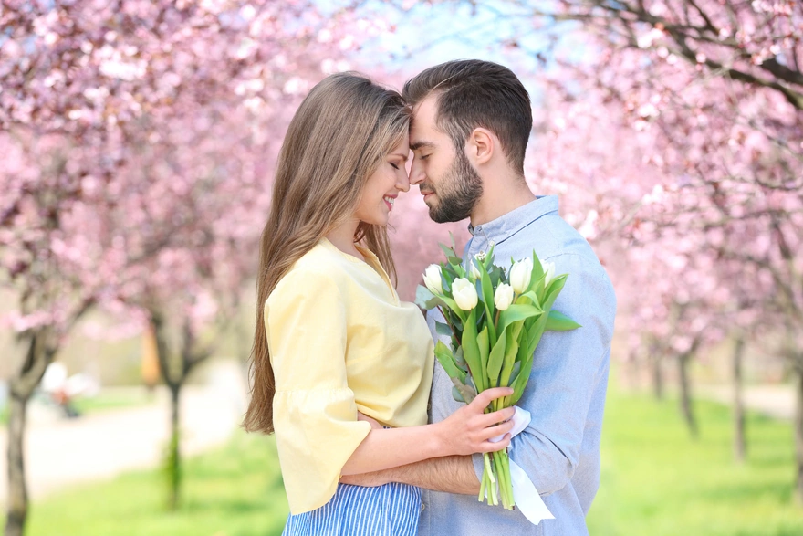 Image: Couple, flowers, tulips, man, girl, love, park, trees