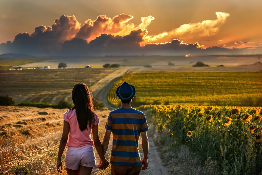 Влюблённая пара идёт через поле по дороге в сторону далёкого горизонта