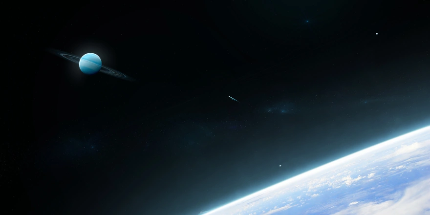 Газовый гигант с кольцами, кометы и атмосфера планеты с их спутниками