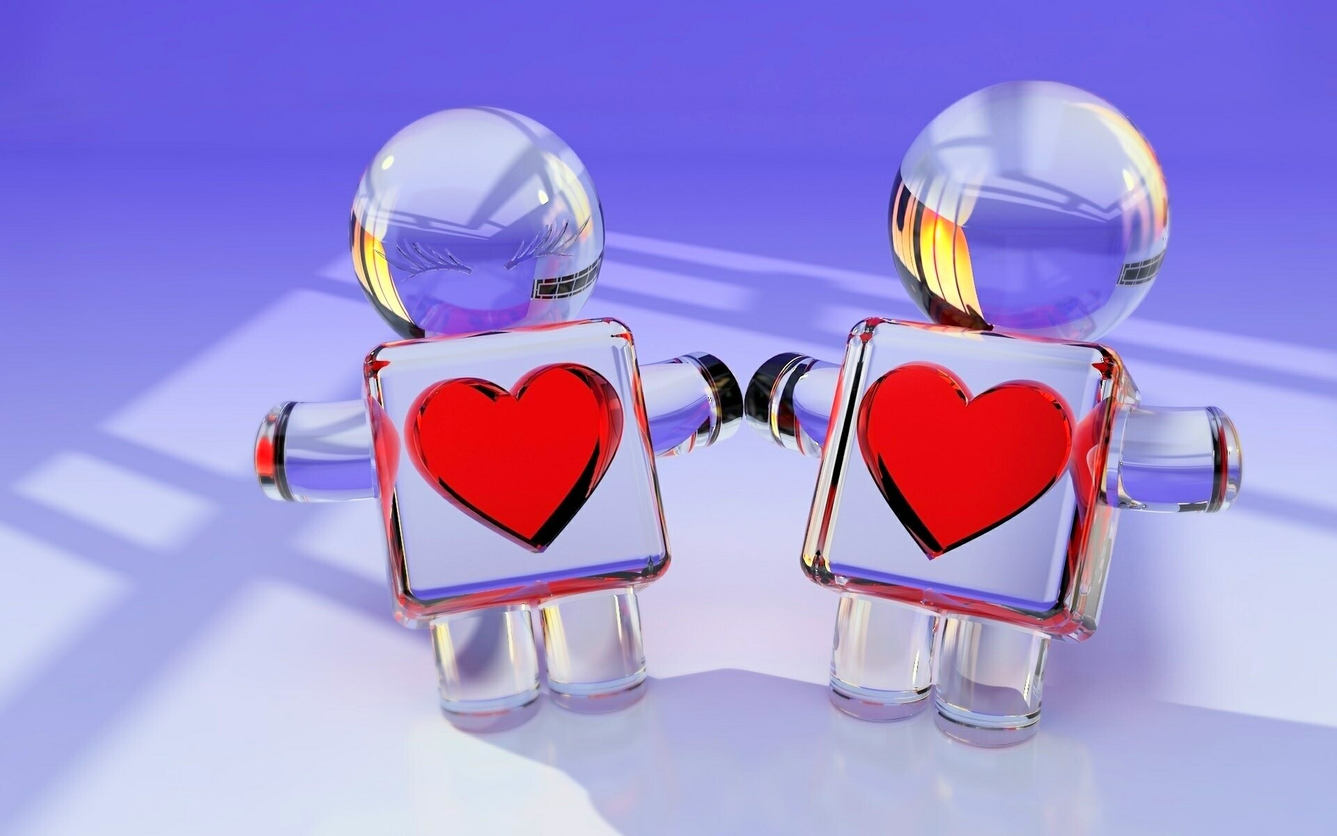 Image: 3D, little men, glass, hearts, couple, shadow