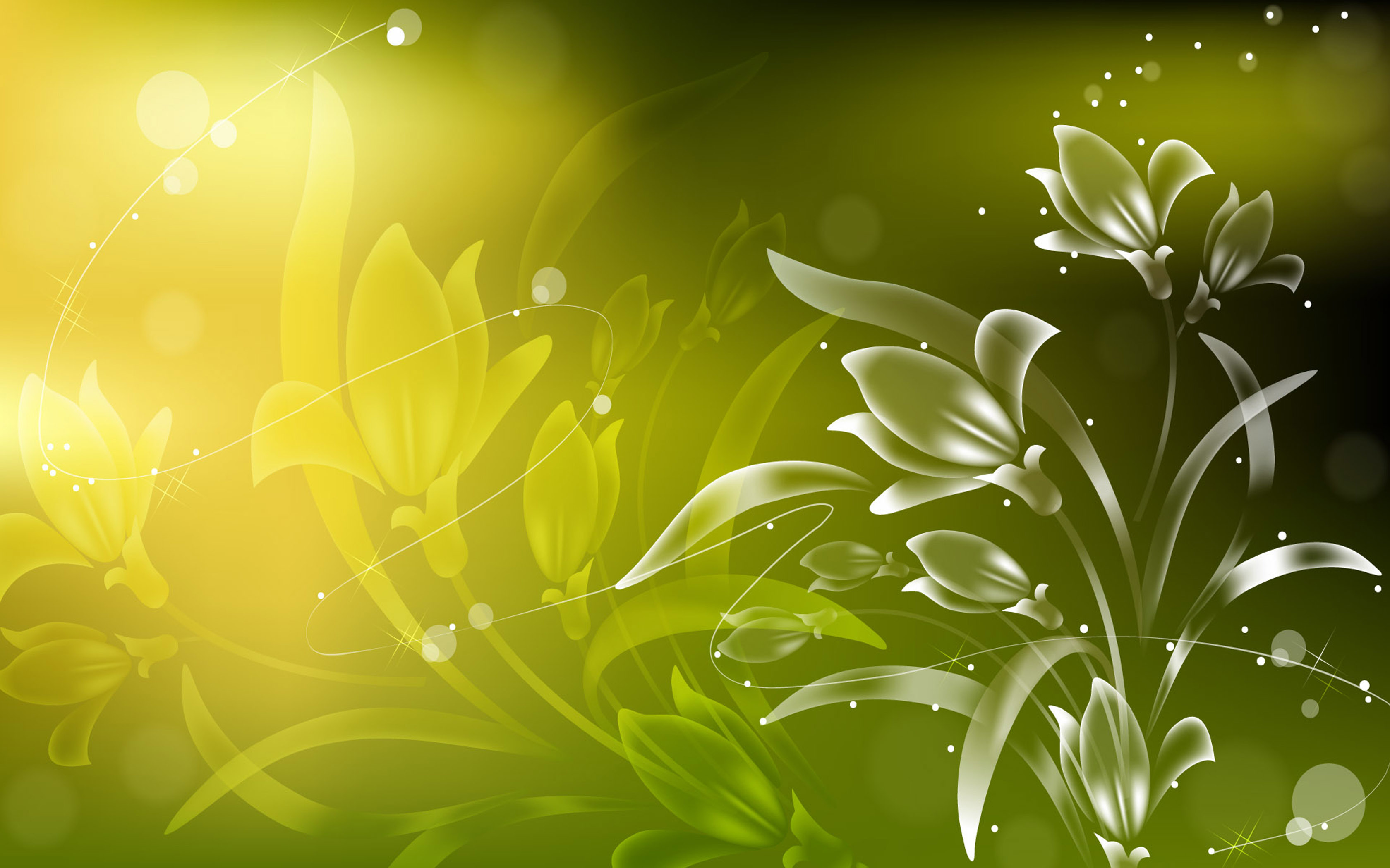 Image: Flowers, lines, swirls, green background, light