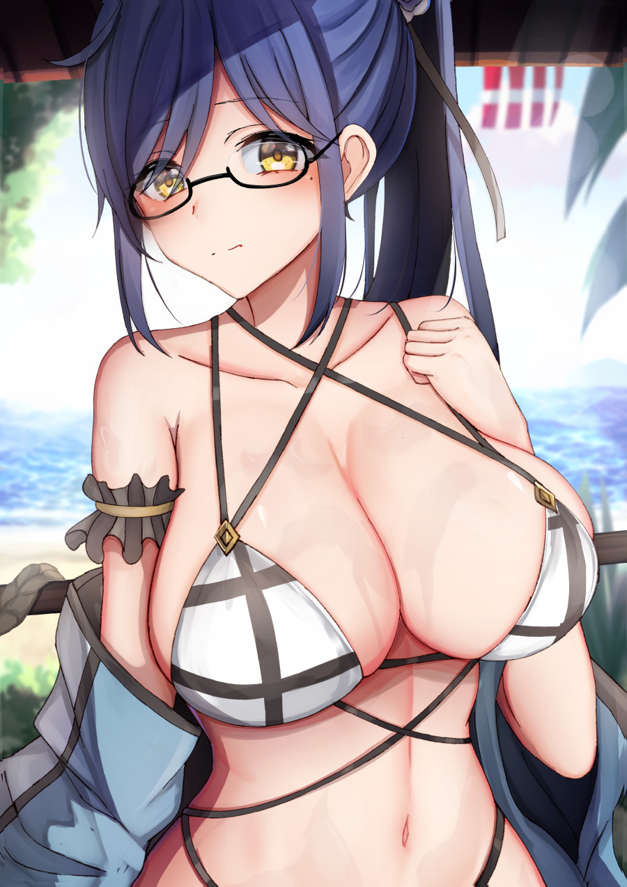 Image: Chiyo, girl, glasses, shy, smile, swimsuit, big breasts