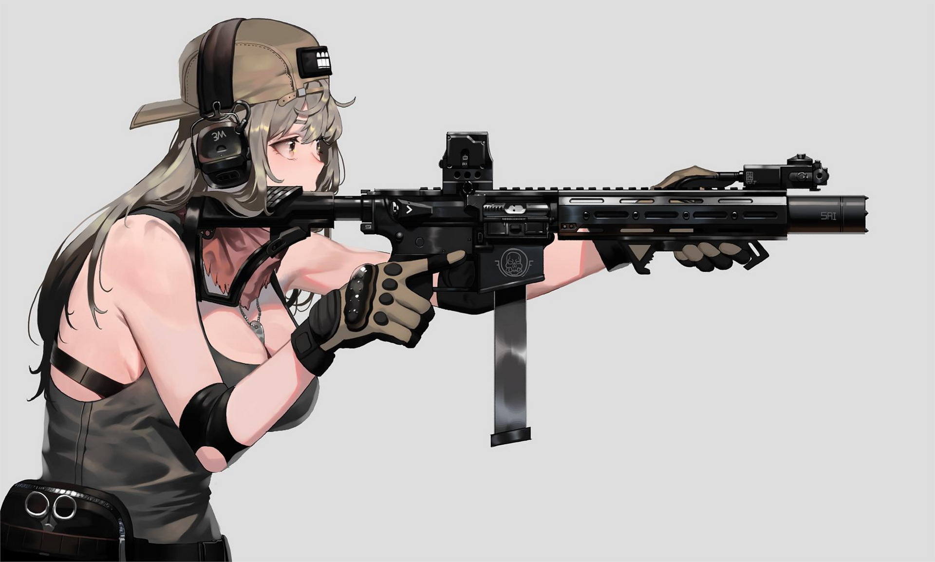 Image: Girl, aiming, cap, headphones, weapon, machine gun