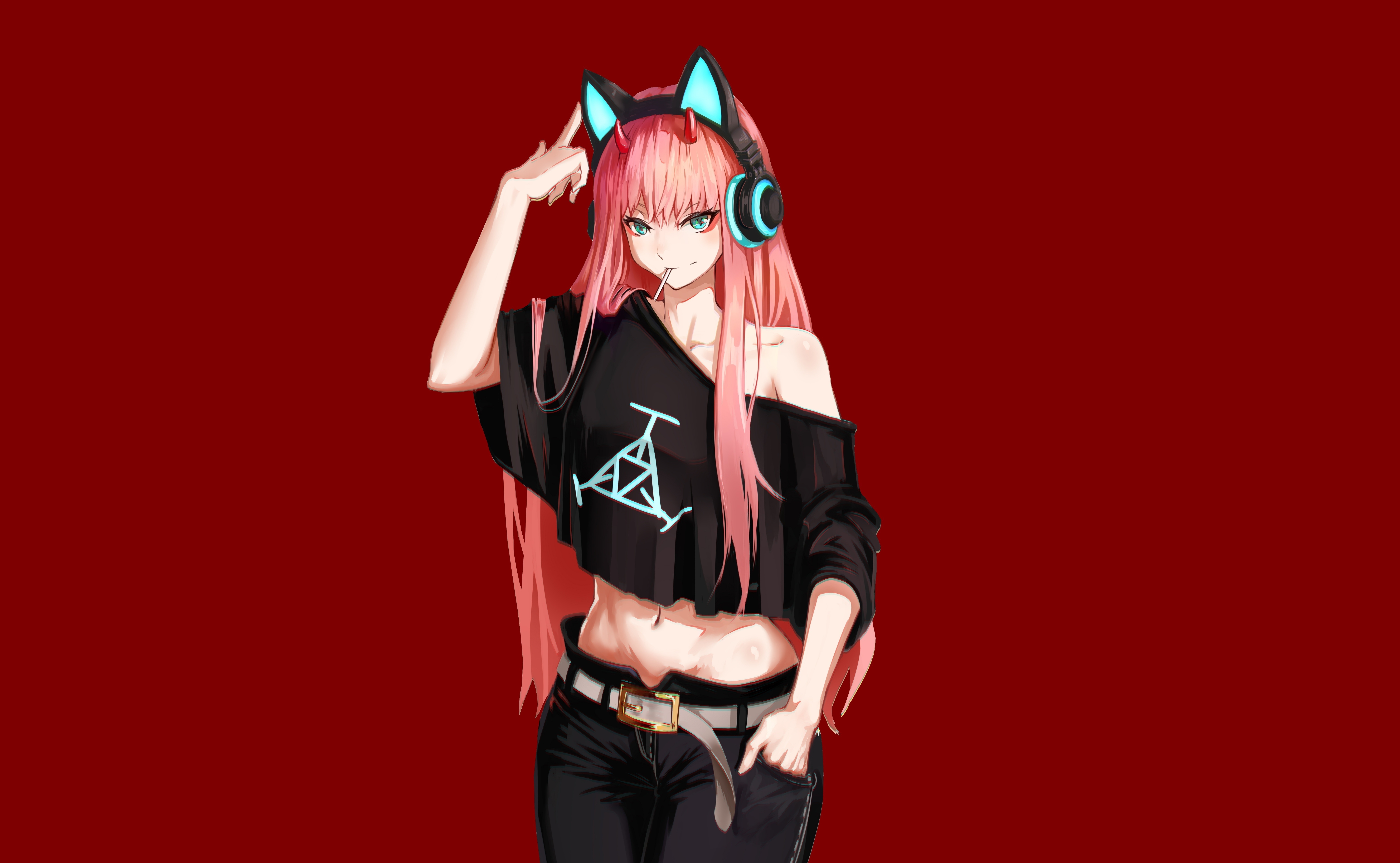 Image: Girl, Zero Two, anime, Darling in the Franxx, headphones, ears, horns, hair, look, red background
