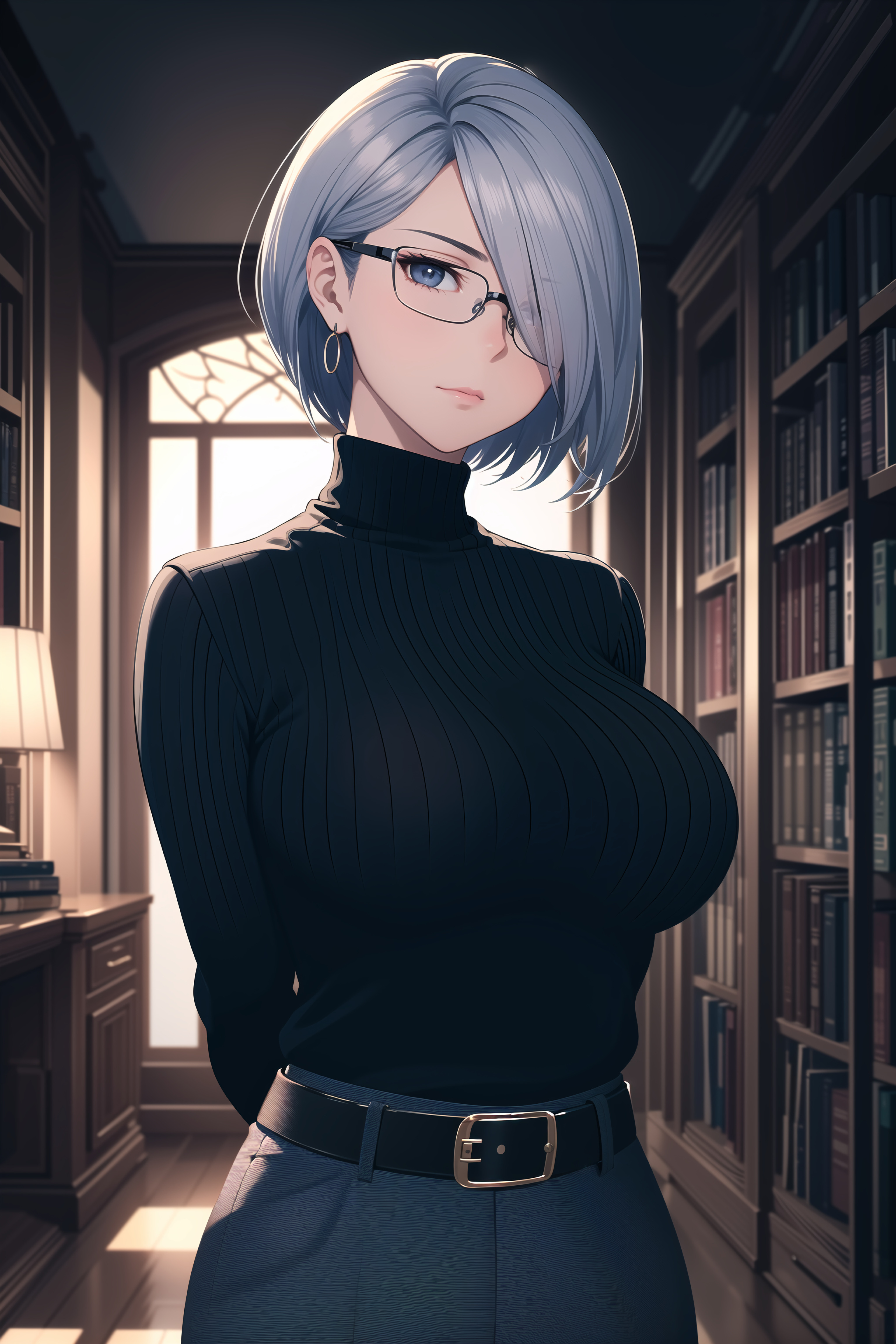 Image: Girl, hair, glasses, jacket, chest, office, books