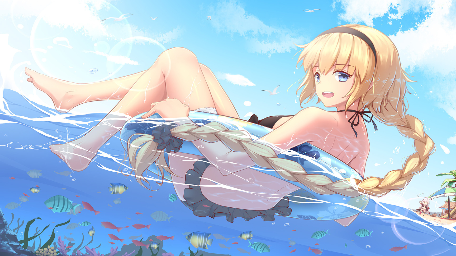 Картинка: Девушка, блондинка, море, плавает, надувной круг, рыбки