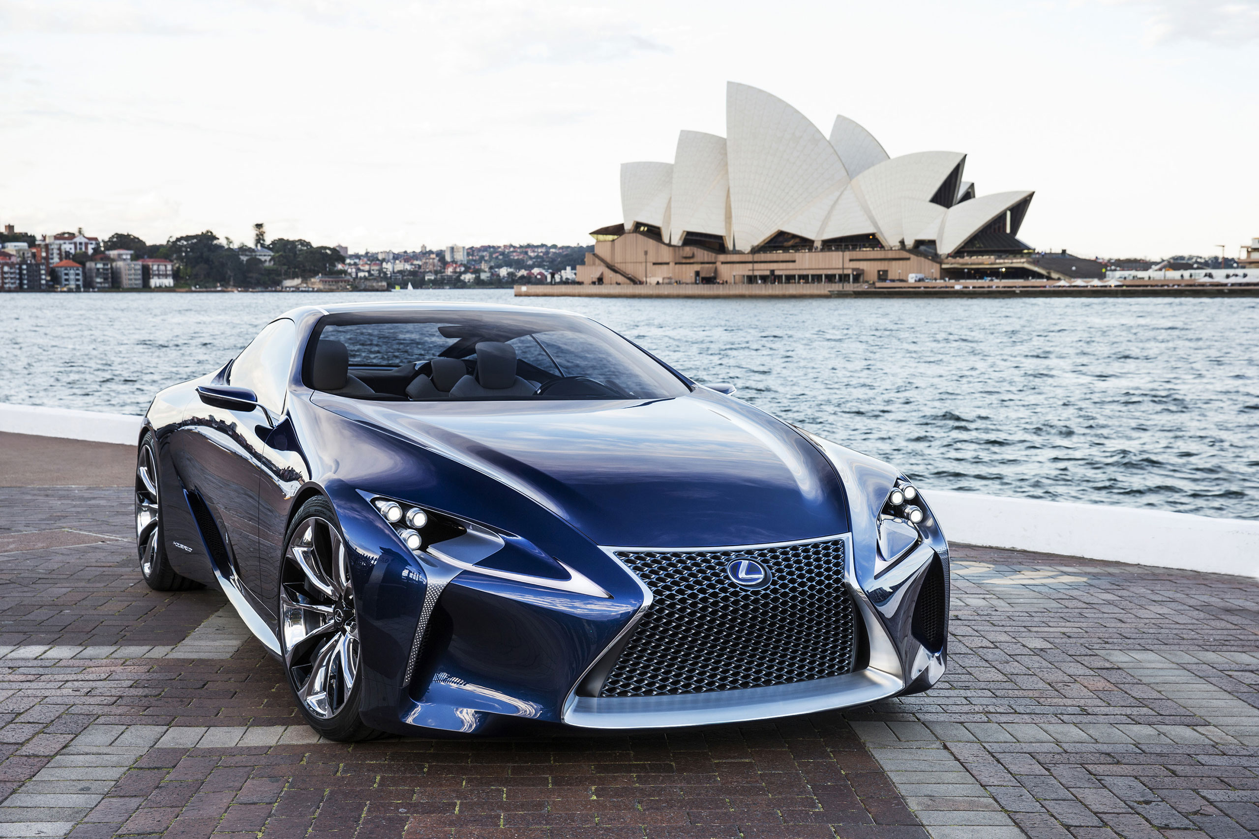 Image: Lexus, blue, lights, wheels, stands, theatre, Sydney, Australia, river, water, sky