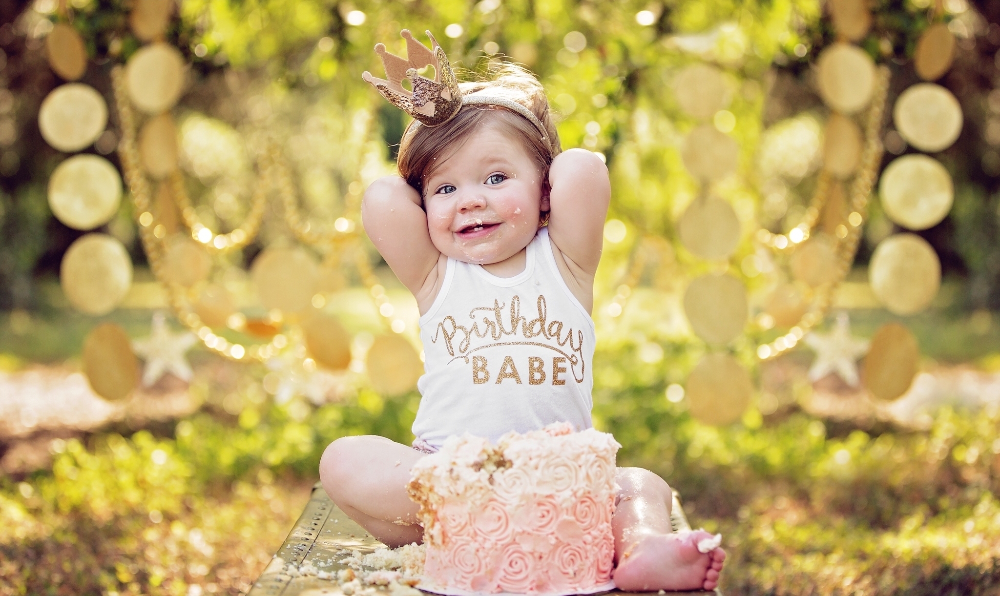 Image: Baby, girl, sitting, cake, celebration, crown, princess