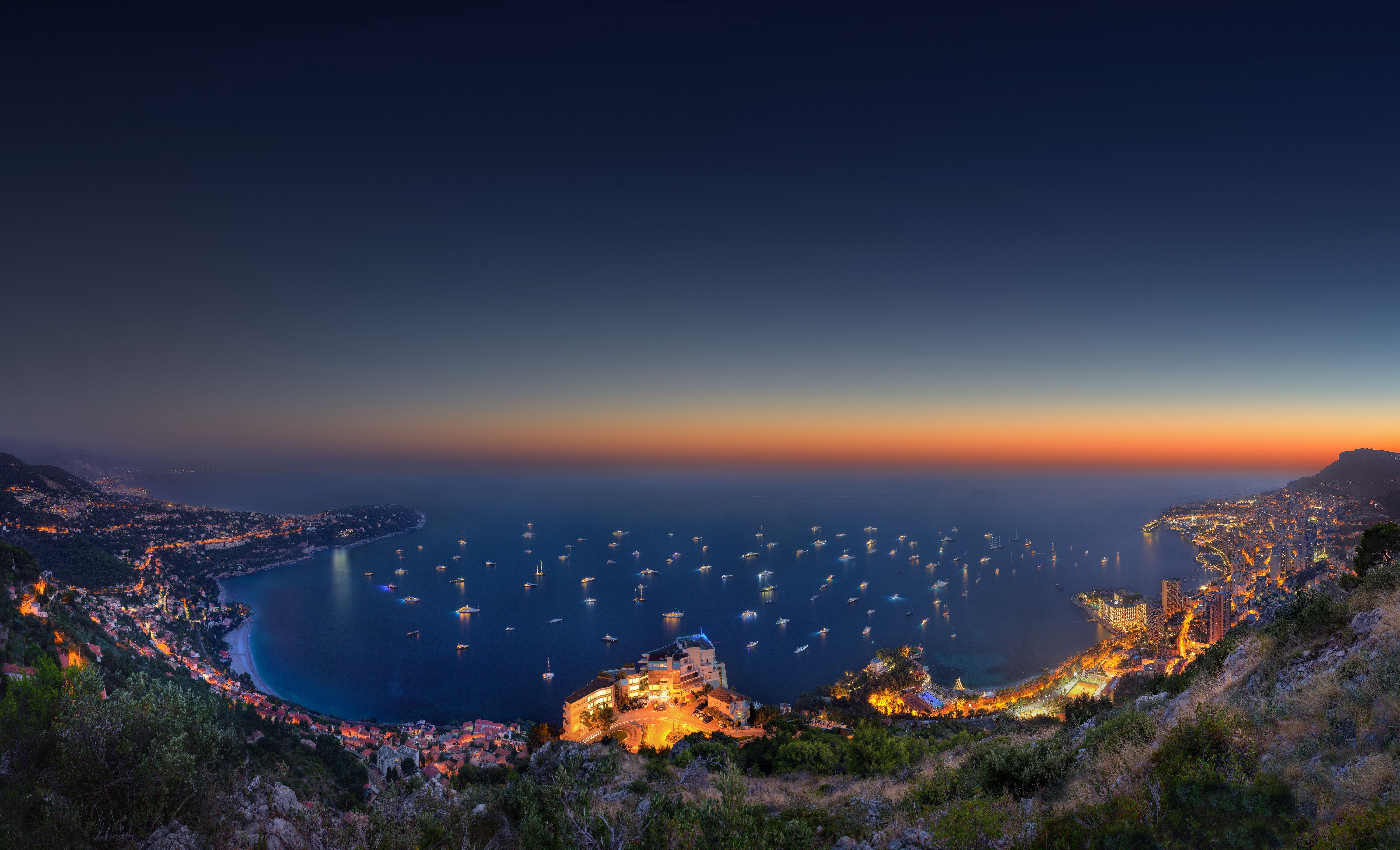 Image: Monaco, landscape, bay, sea, ships, lights, coastline, hills, night, evening, sunset