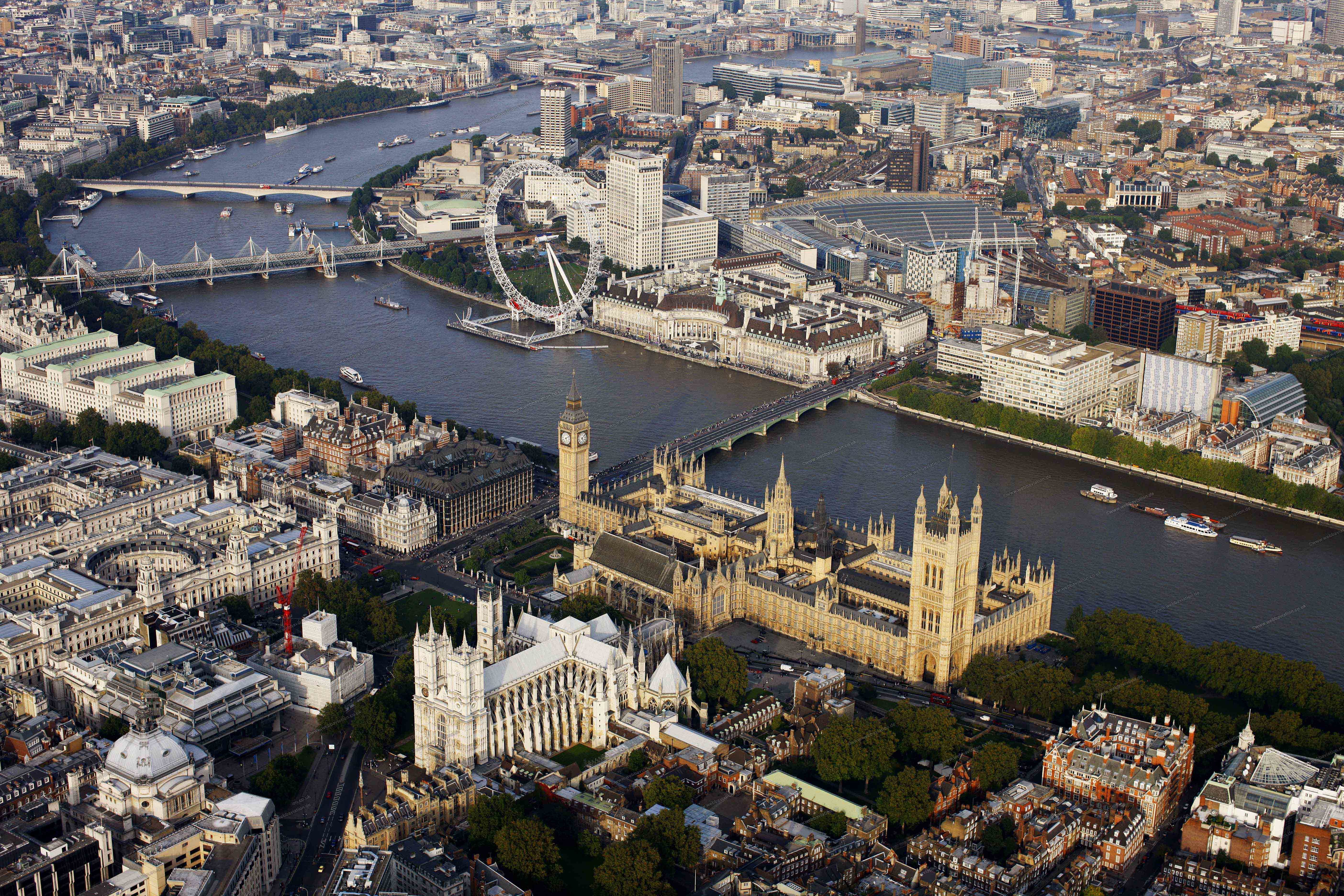 Картинка: London, Big Ben, Вестминстерское аббатство, колесо, река, мосты, вид, здания, корабли