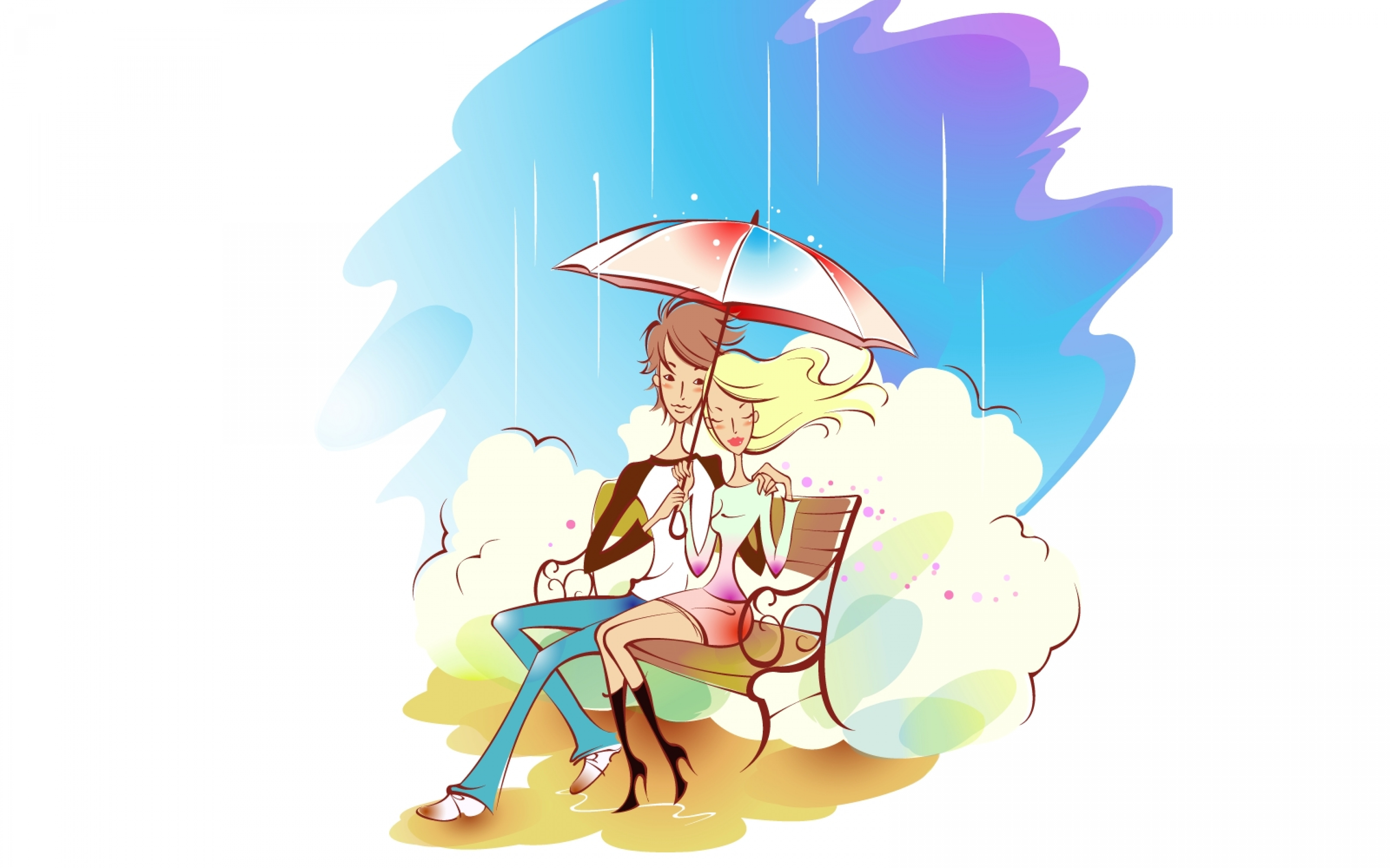 Image: Couple, rain, sitting, wind, umbrella, bench, park