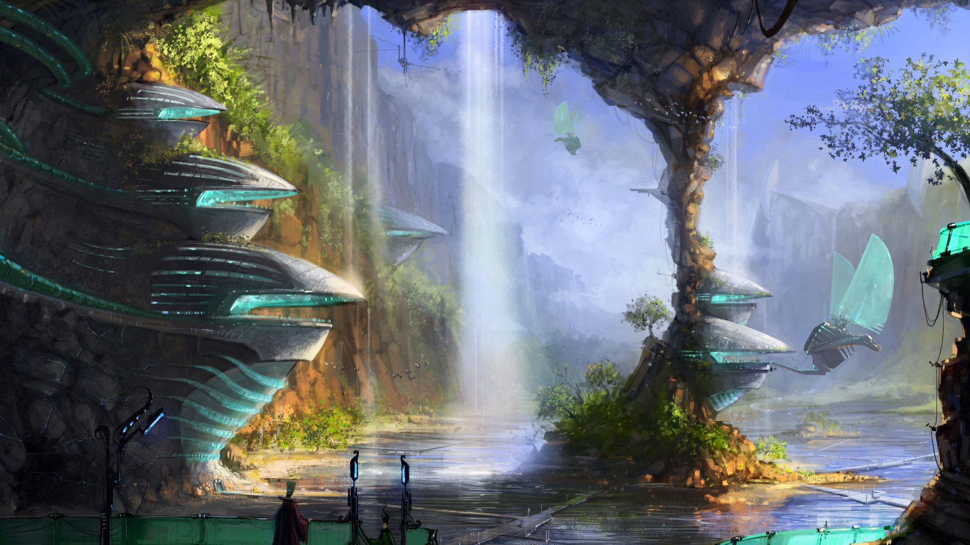 Картинка: Фантастика, арт, крылатая техника, корабли, зелень, озеро, вода, водопад, строения, колонна, люди