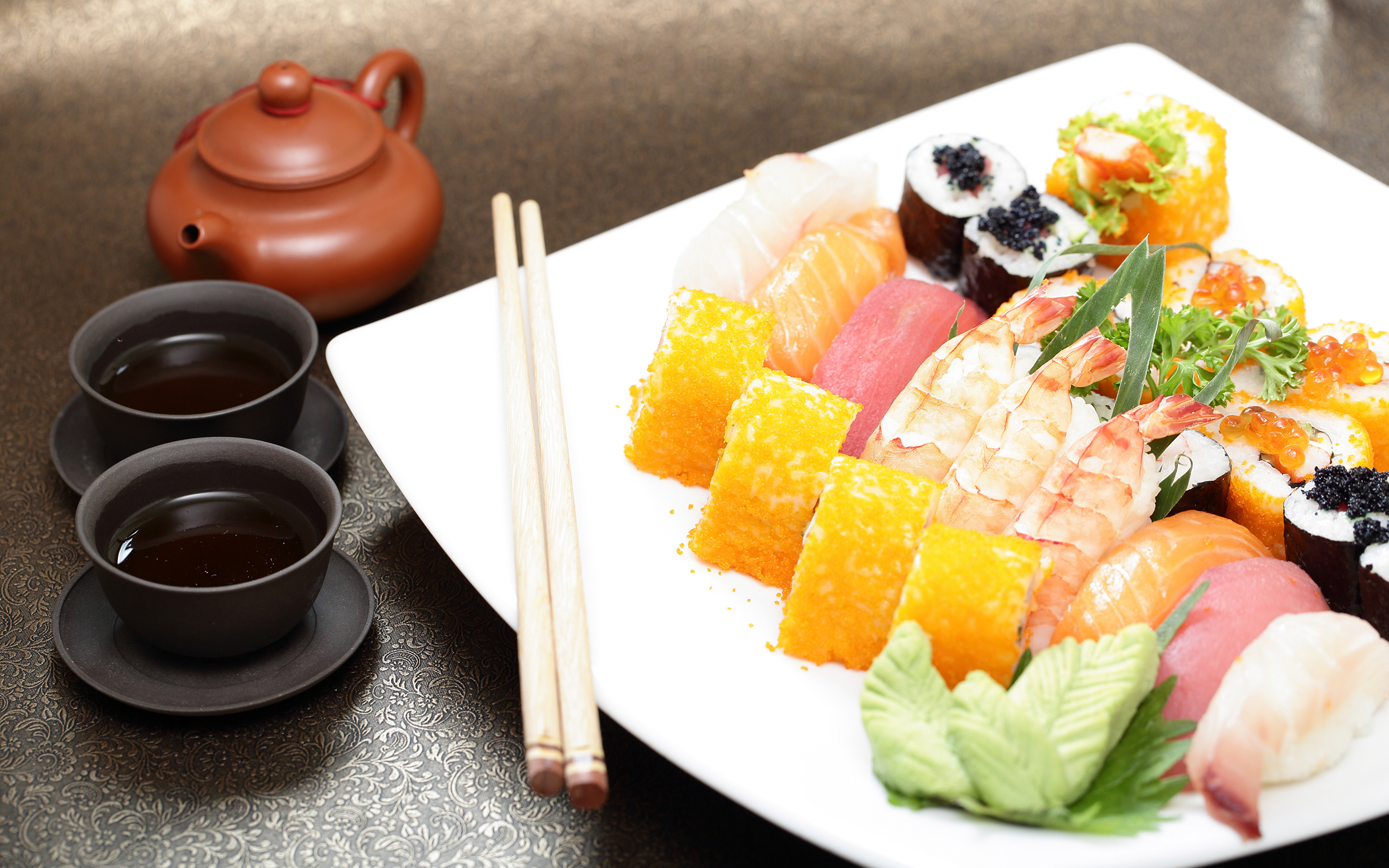 Image: Rolls, sushi, sauce, seafood, Japanese cuisine, sticks, drink