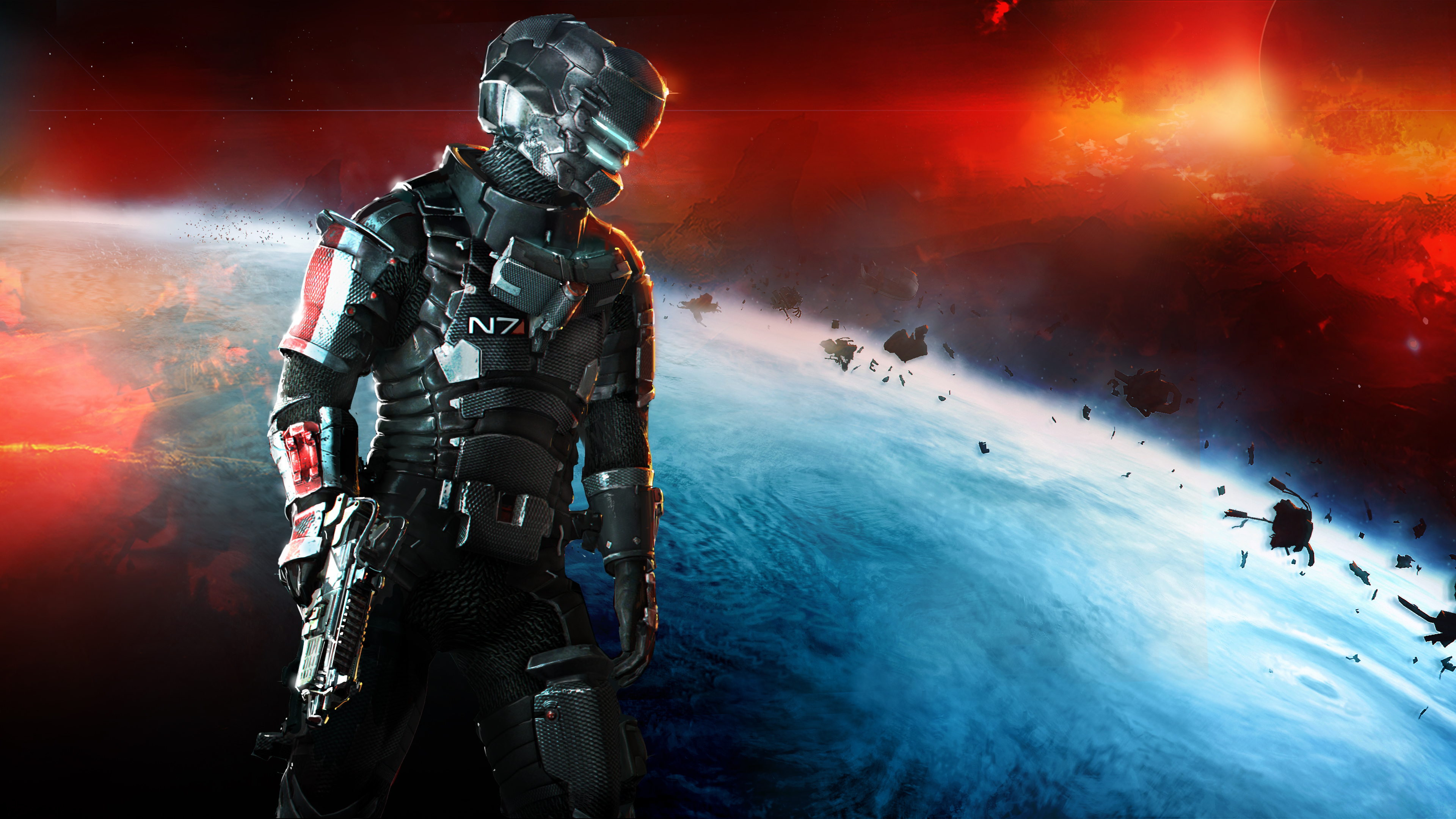 Image: Dead Space 2, engineer, Isaac Clarke, N7, costume, weapons, spacesuit, space, planet, garbage