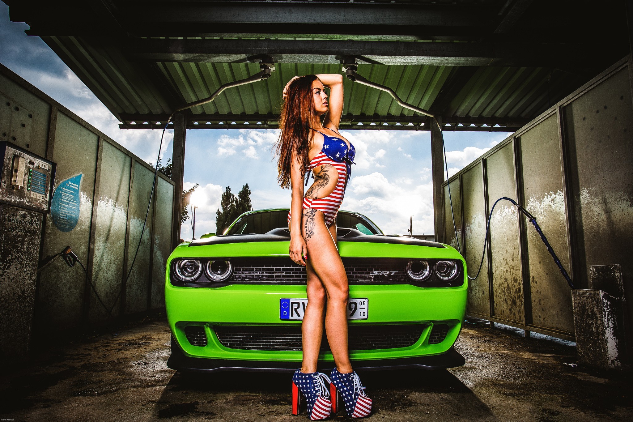 Image: Girl, swimsuit, tattoo, shoes, car wash, car, America, green