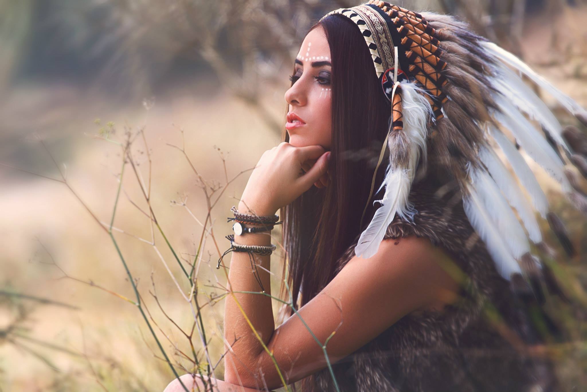 Image: Girl, brunette, makeup, coloring, hair, Indian, headdress, feathers