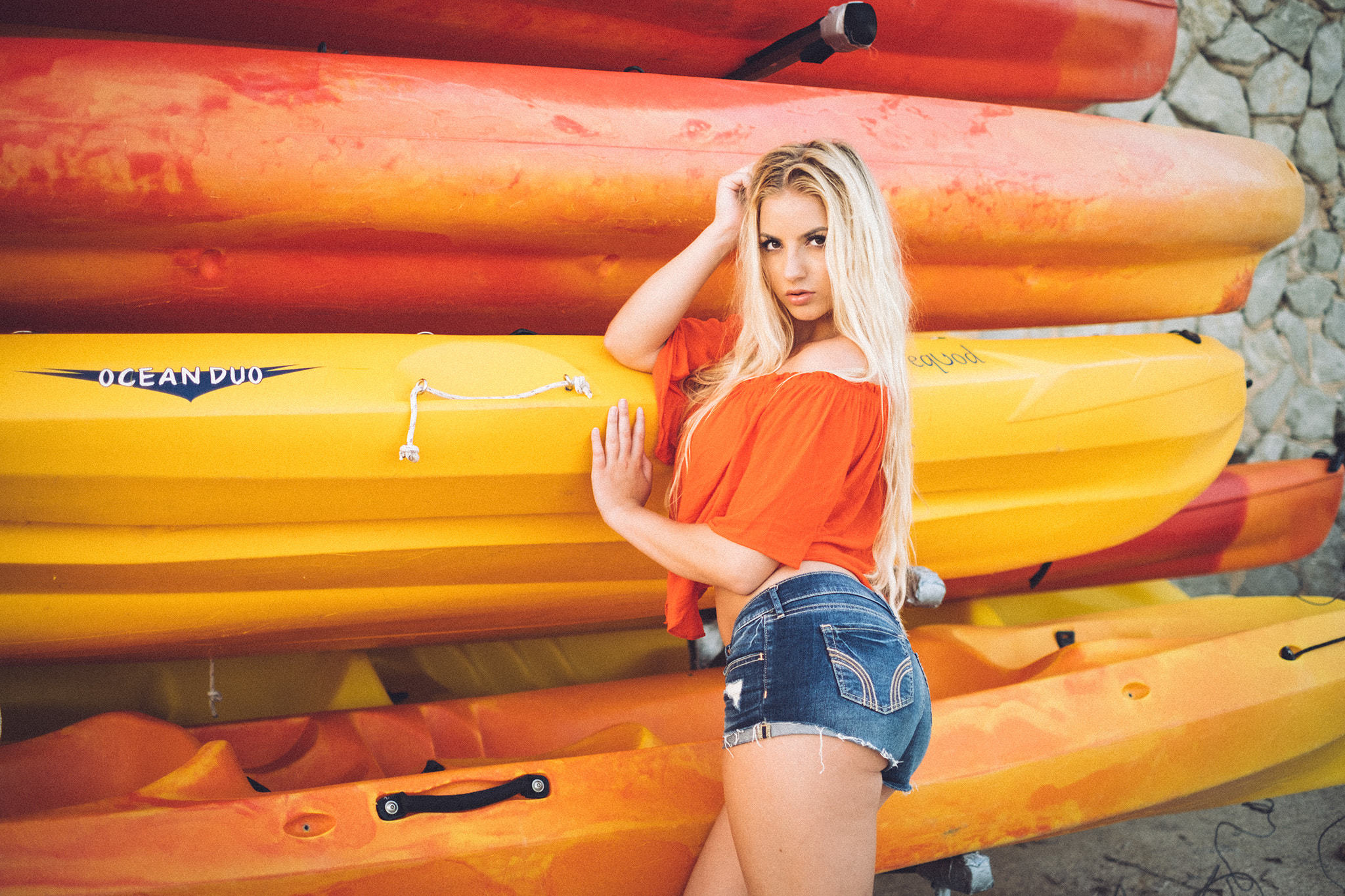 Image: Girl, blonde, posing, shorts, boat