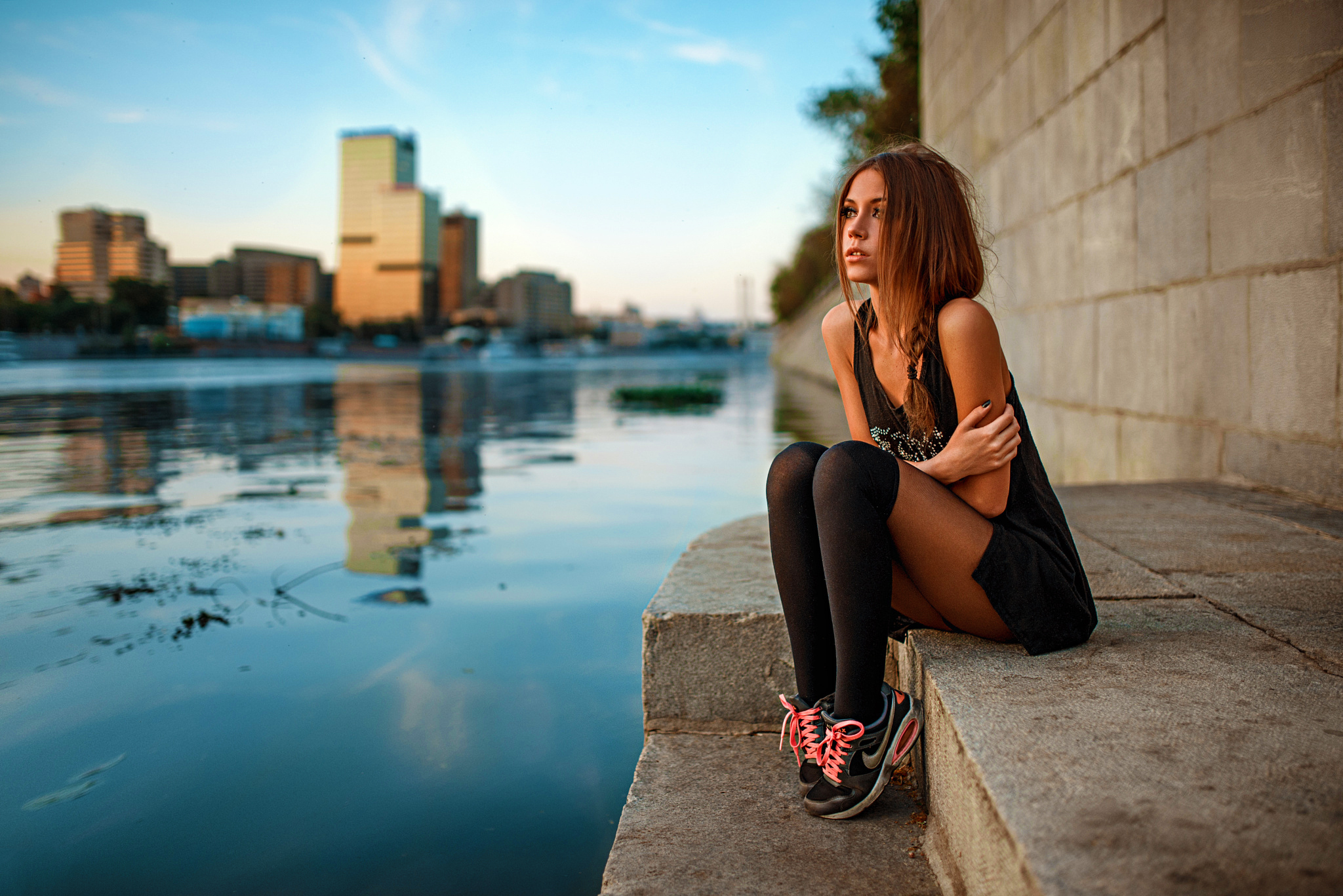 Image: Girl, Kseniya Kokoreva, stockings, sitting, waterfront, water, city, evening, river, photographer, George Chernyadev