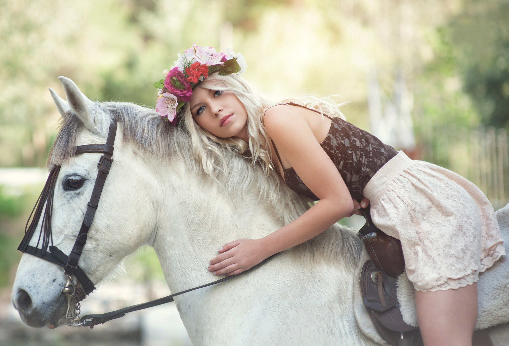 Image: Girl, blonde, riding, horse, animal, profile, white, wreath, harness