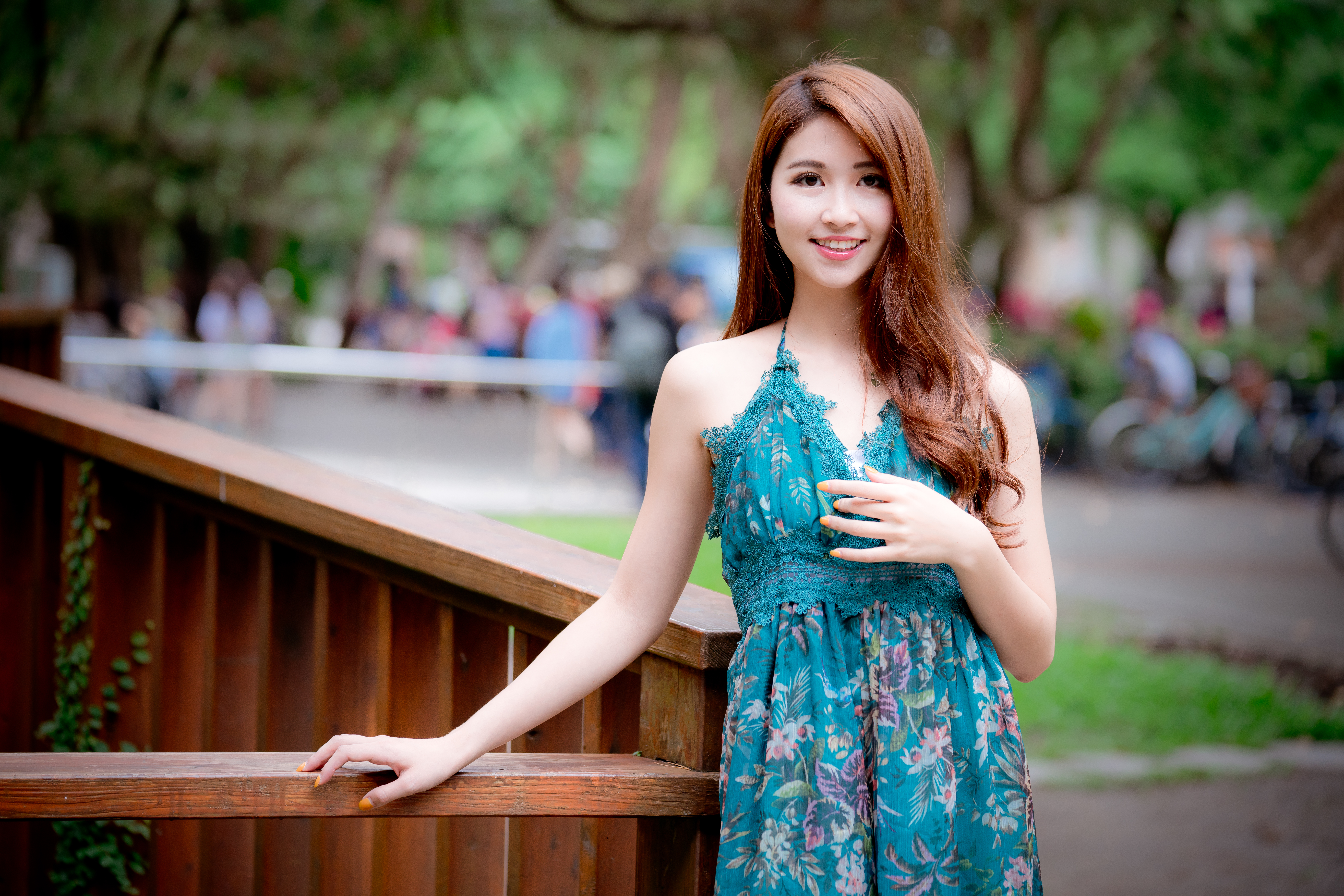 Image: Asian, smiling, dress, railings, beautiful, girl, hair, manicure
