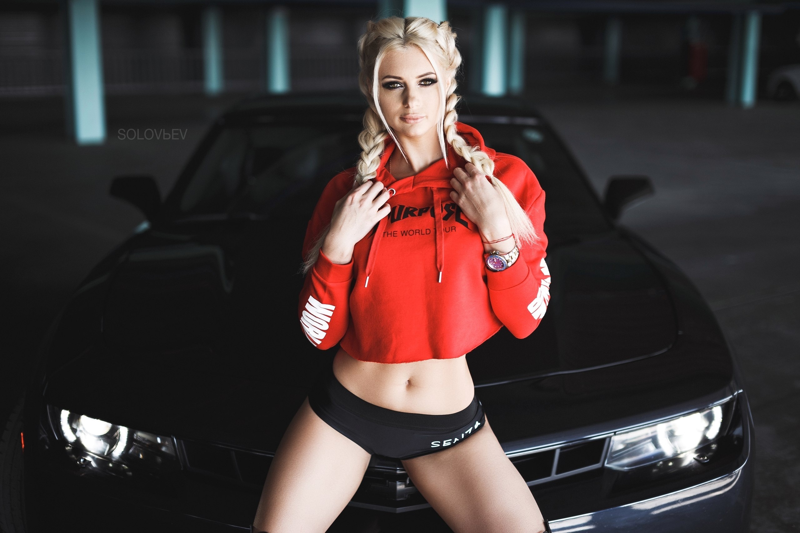 Image: Girl, blonde, person, pigtails, Solovьev, photographer, model, auto, black, Chevrolet, Camaro