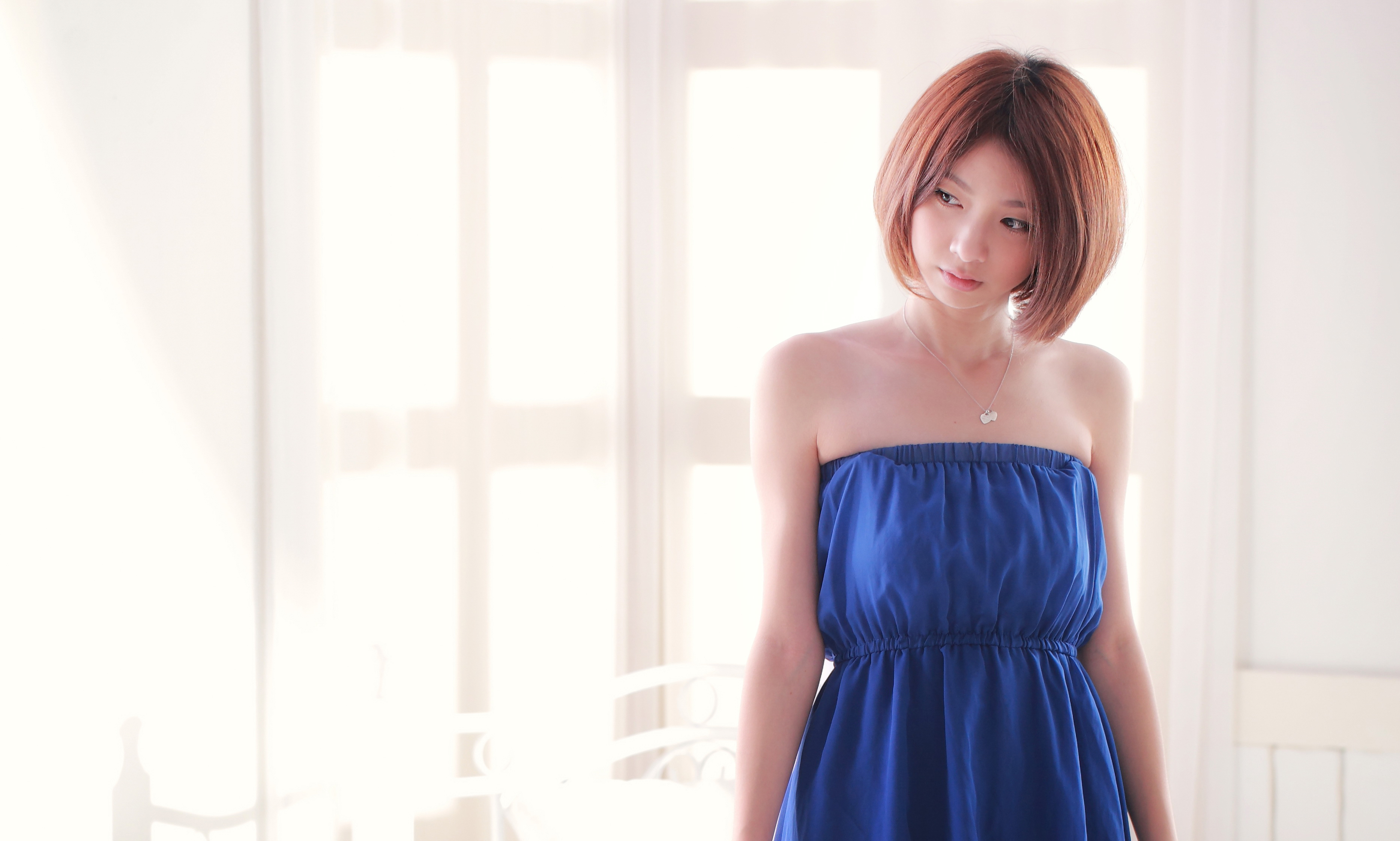 Image: Girl, asian, hairstyle, rack, stand, blue, dress, window