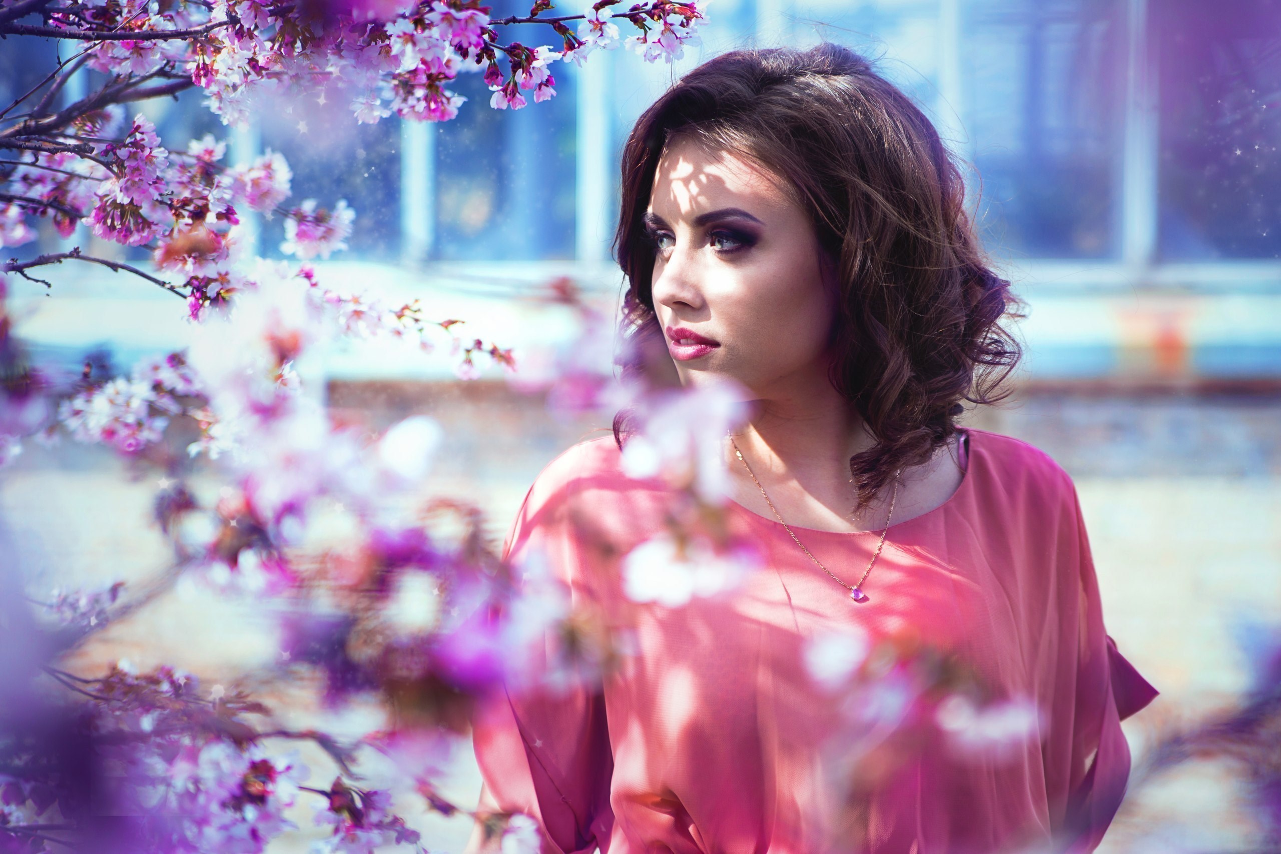 Image: Girl, curls, brunette, posing, model, spring, apple-tree, flowering