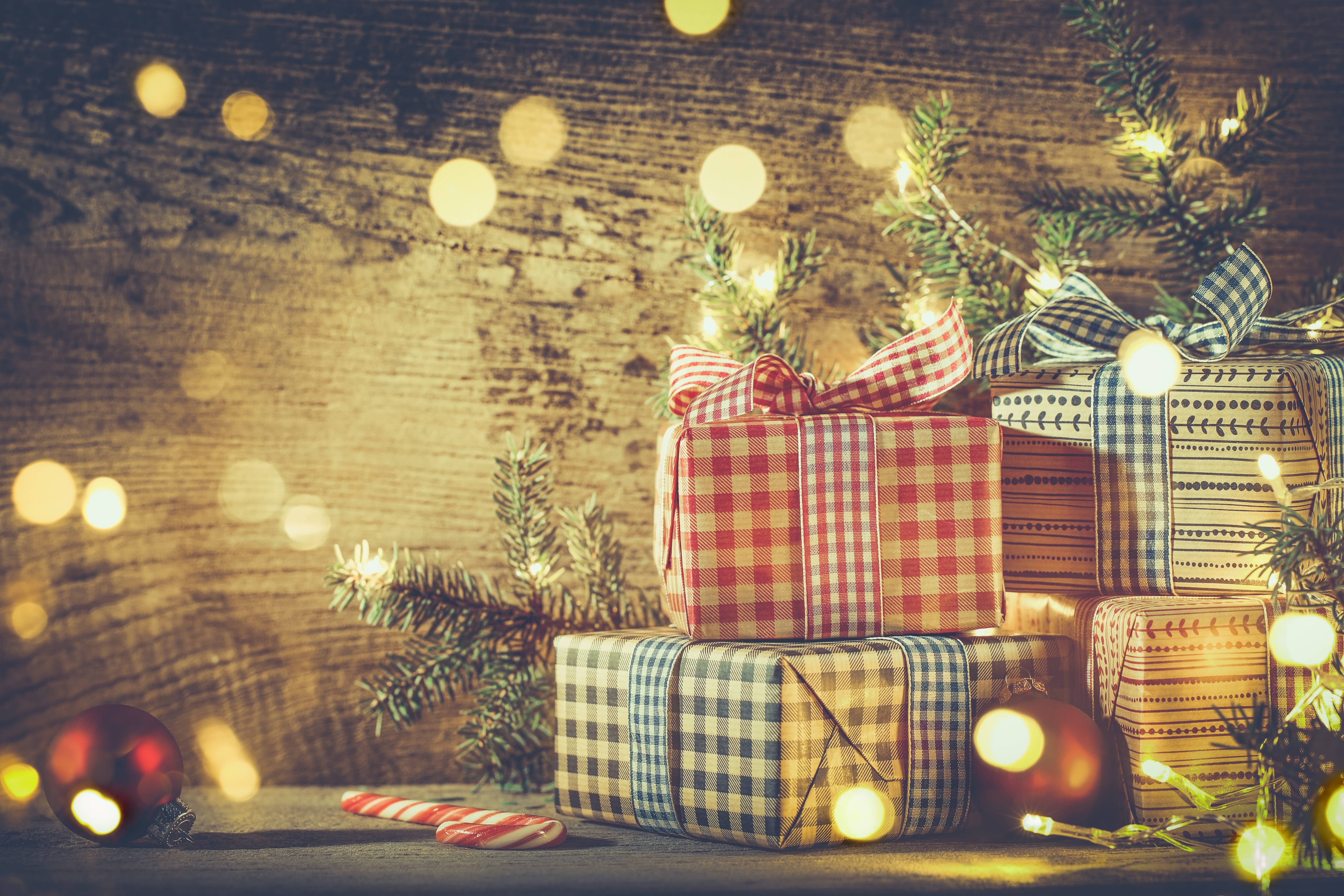 Image: New year, Christmas, gifts, boxes, glare, branch, fir tree, balls