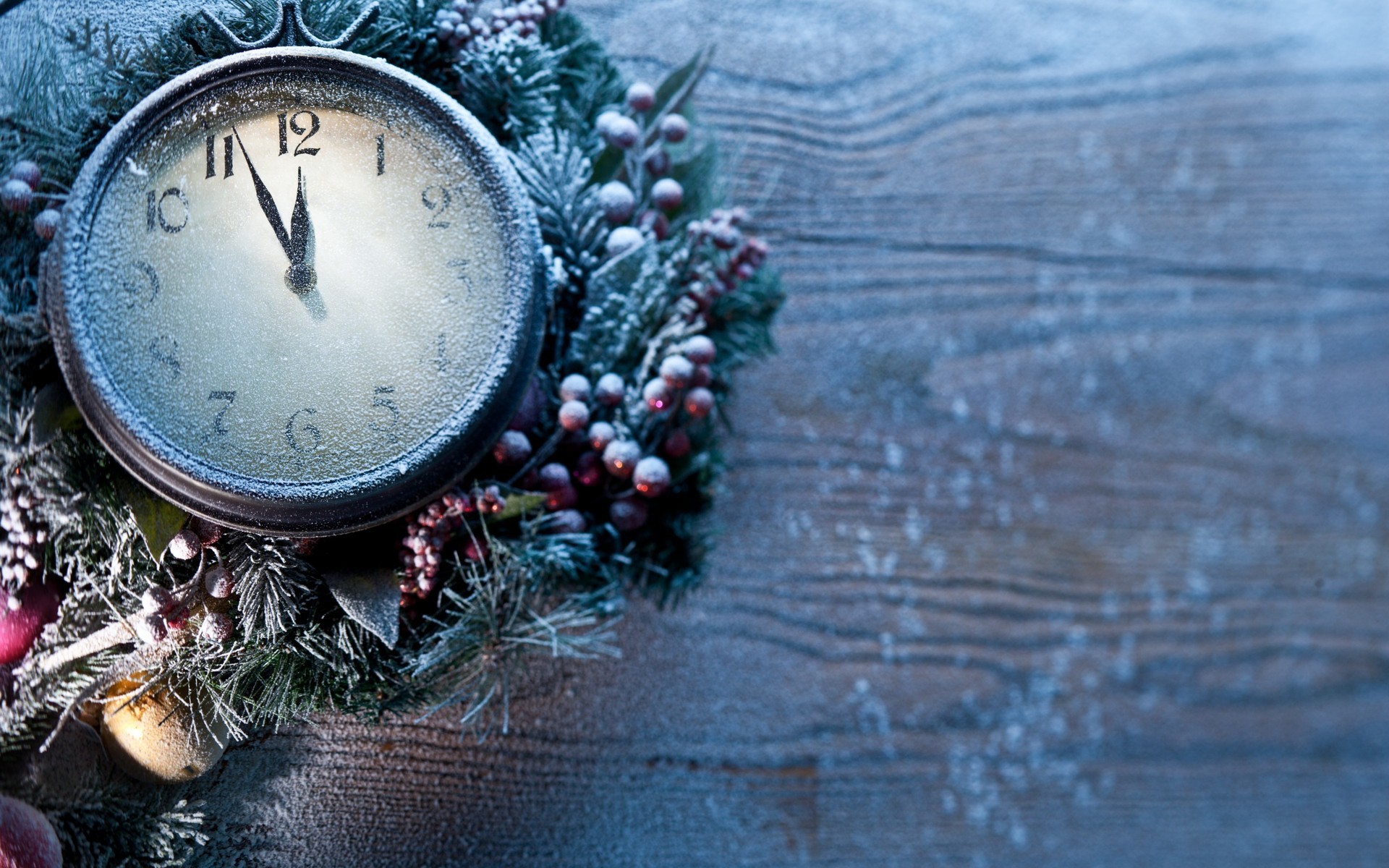 Image: Clock, New year, time, branches, decoration, toys, frost