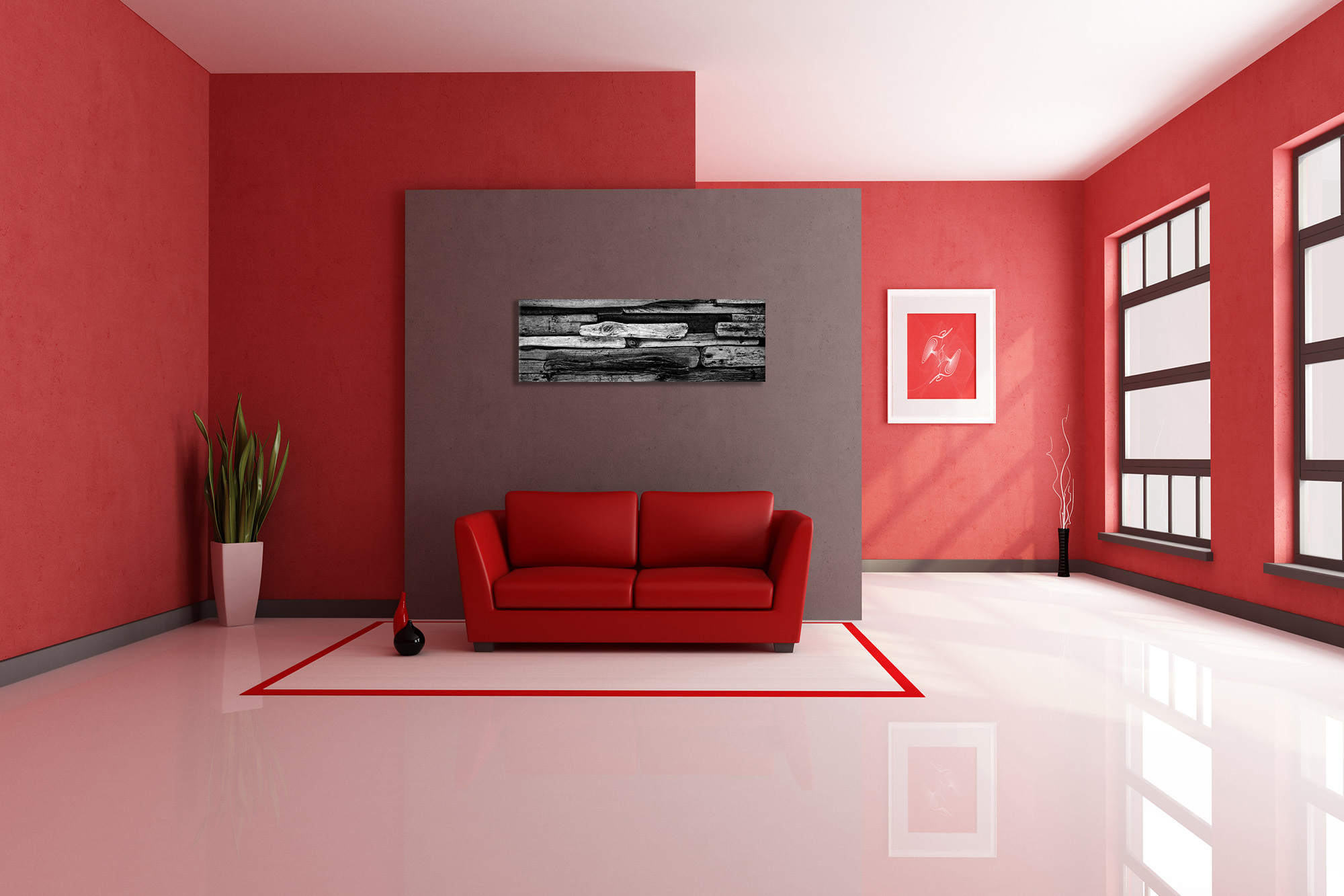 Картинка: Комната, диван, красный, светлая, стены, окна, цветок