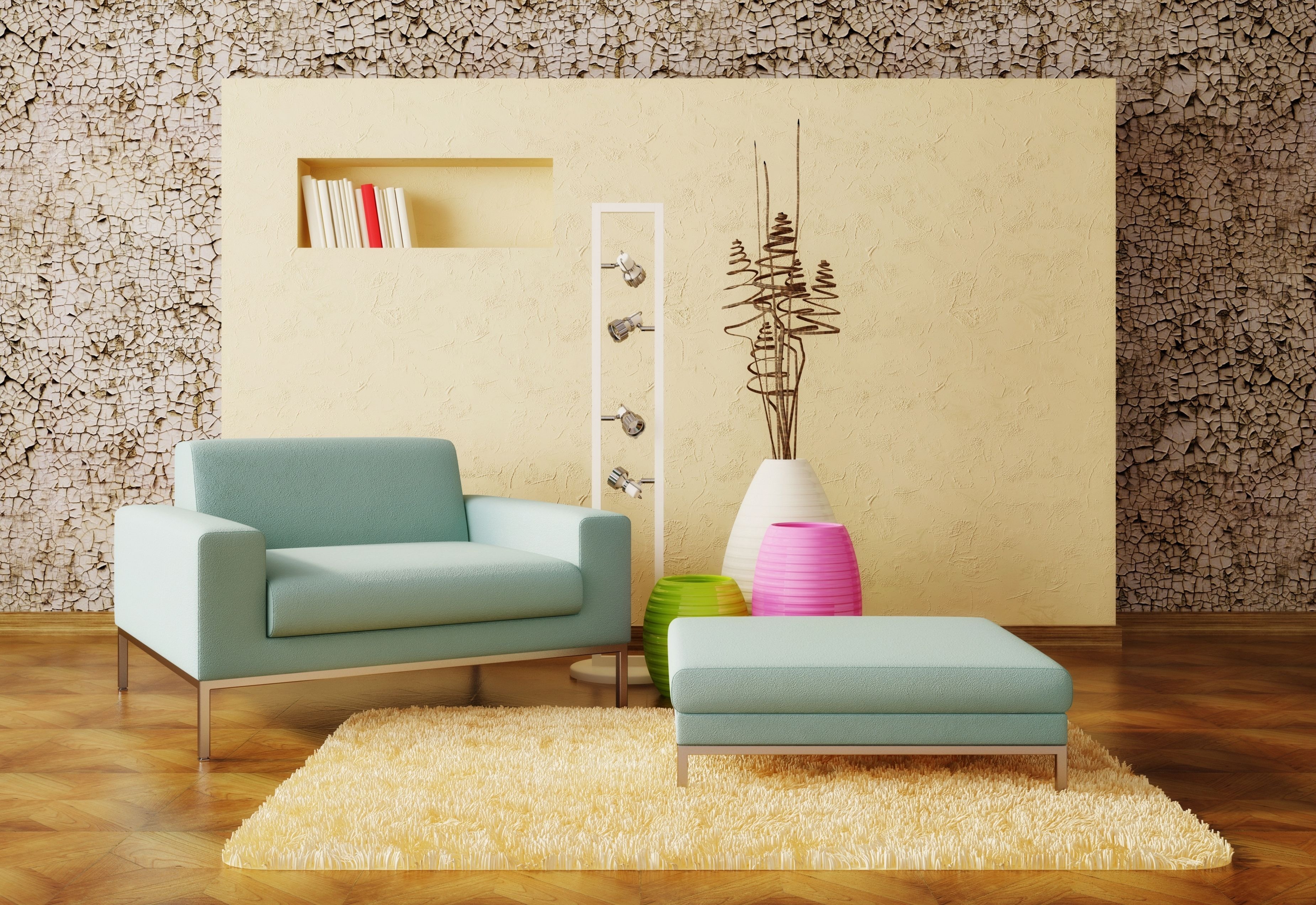 Image: Chair, lamps, vases, decor, carpet, walls, books