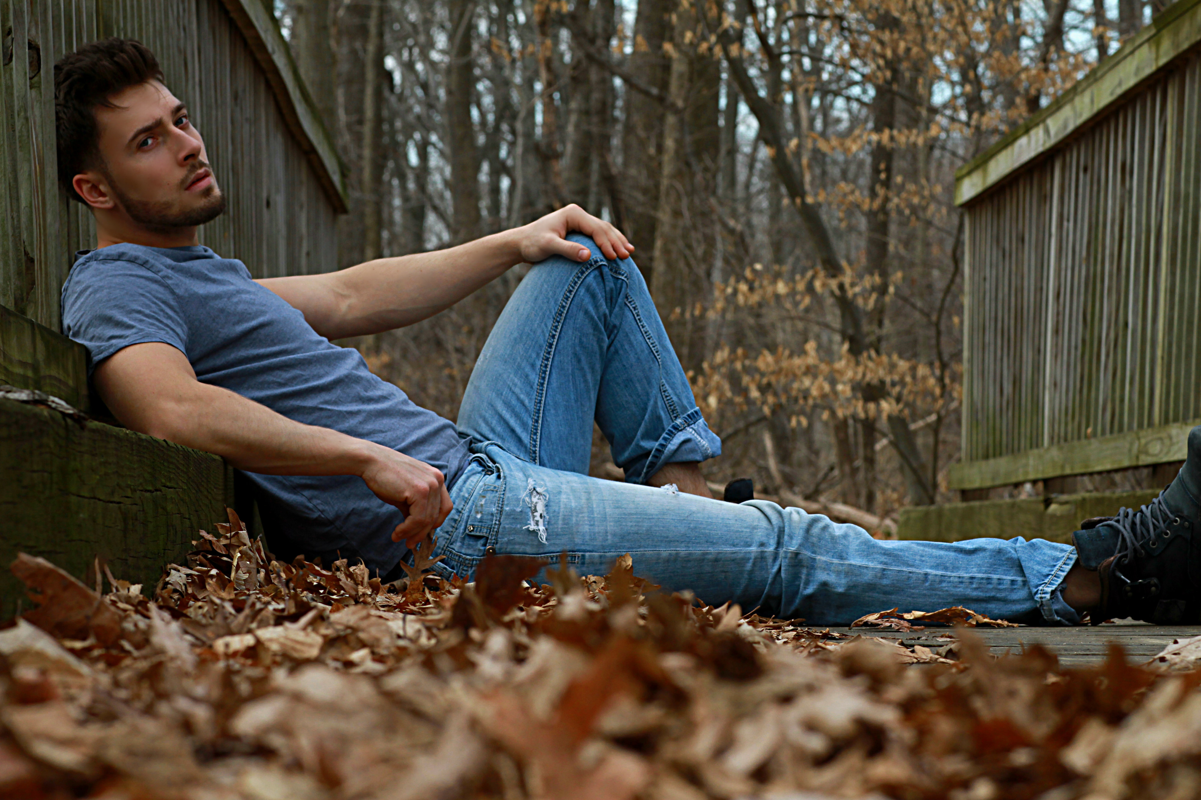 Image: Male, guy, face, lies, autumn, leaves, nature, relax, fencing