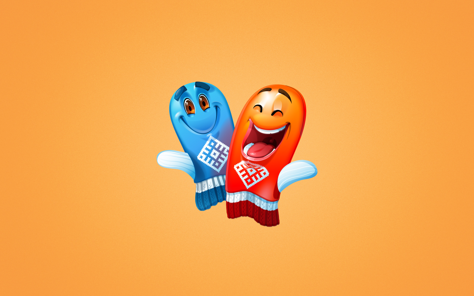 Image: Mittens, blue, red, smile, joy, couple, greeting, orange background