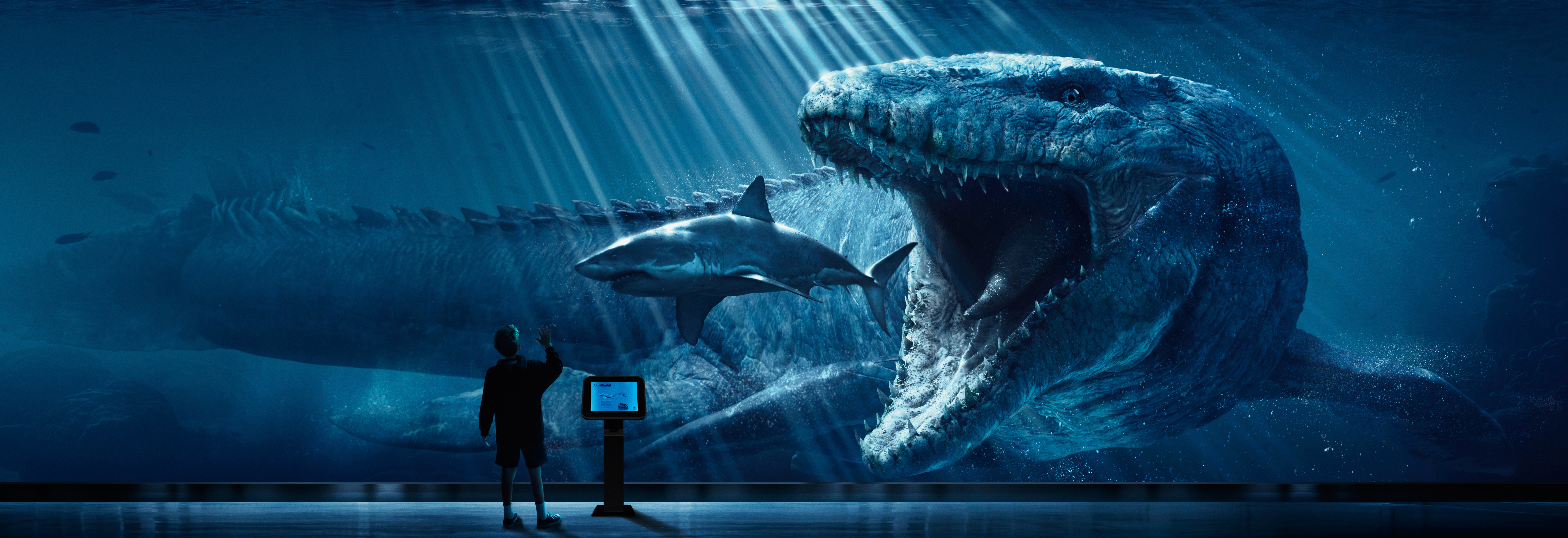 Картинка: Аквариум, динозавр, акула, мальчик, информационная стойка, охота, хищник, мозазавр, Мир юрского периода, фильм