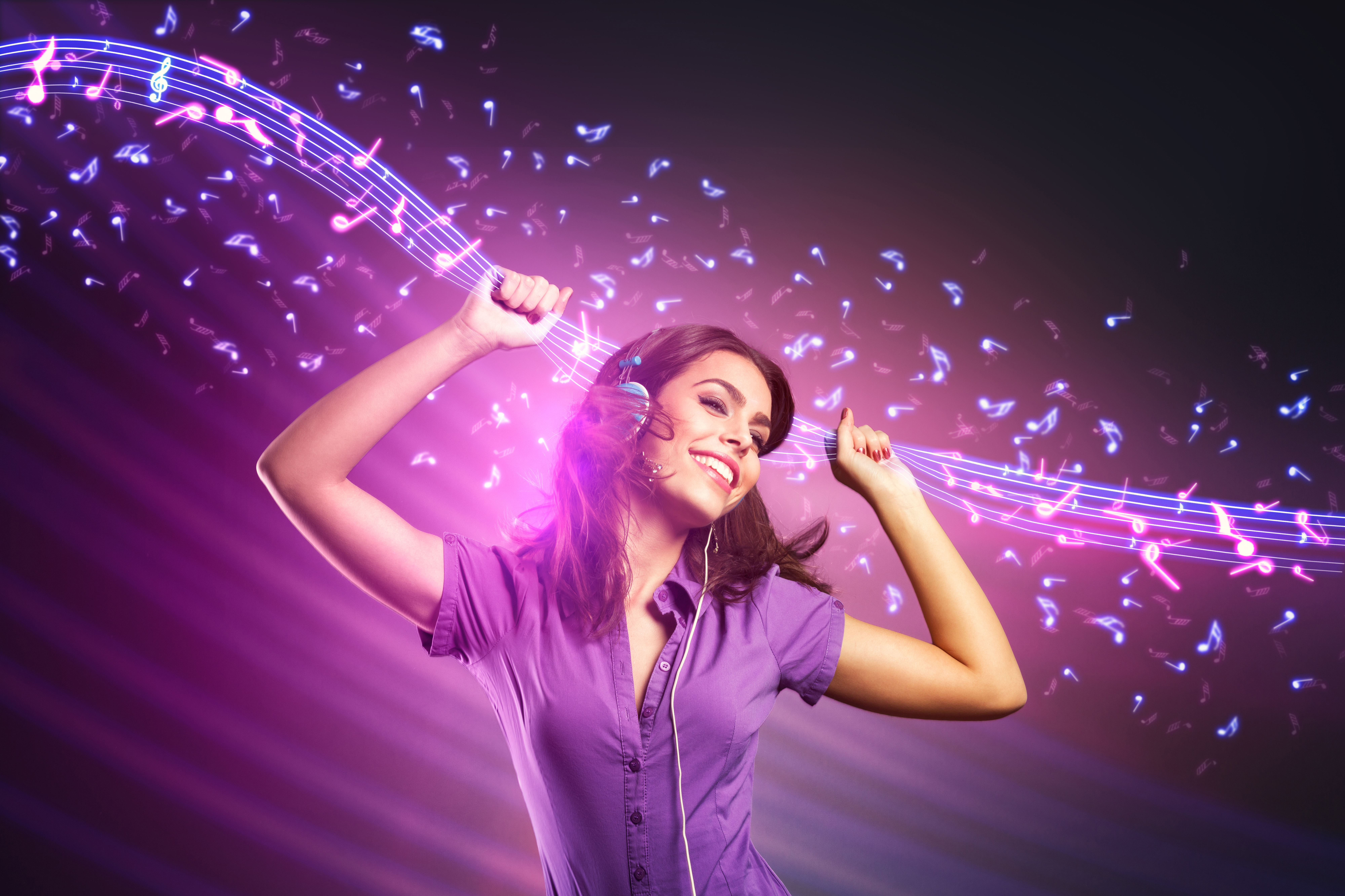 Image: Girl, headphones, music, smile, mood, purple background