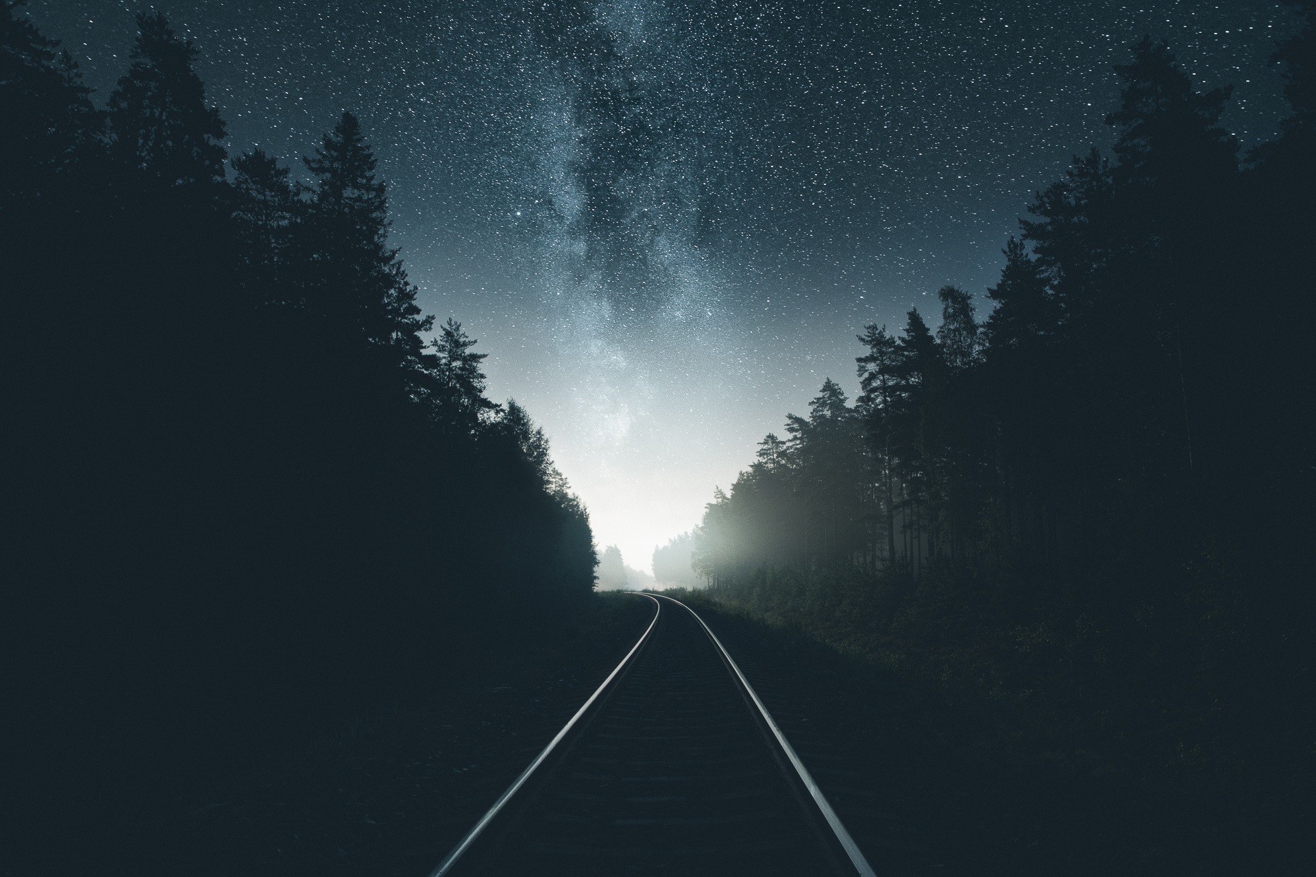 Image: Night, railroad, sky, stars, milky way, light, forest