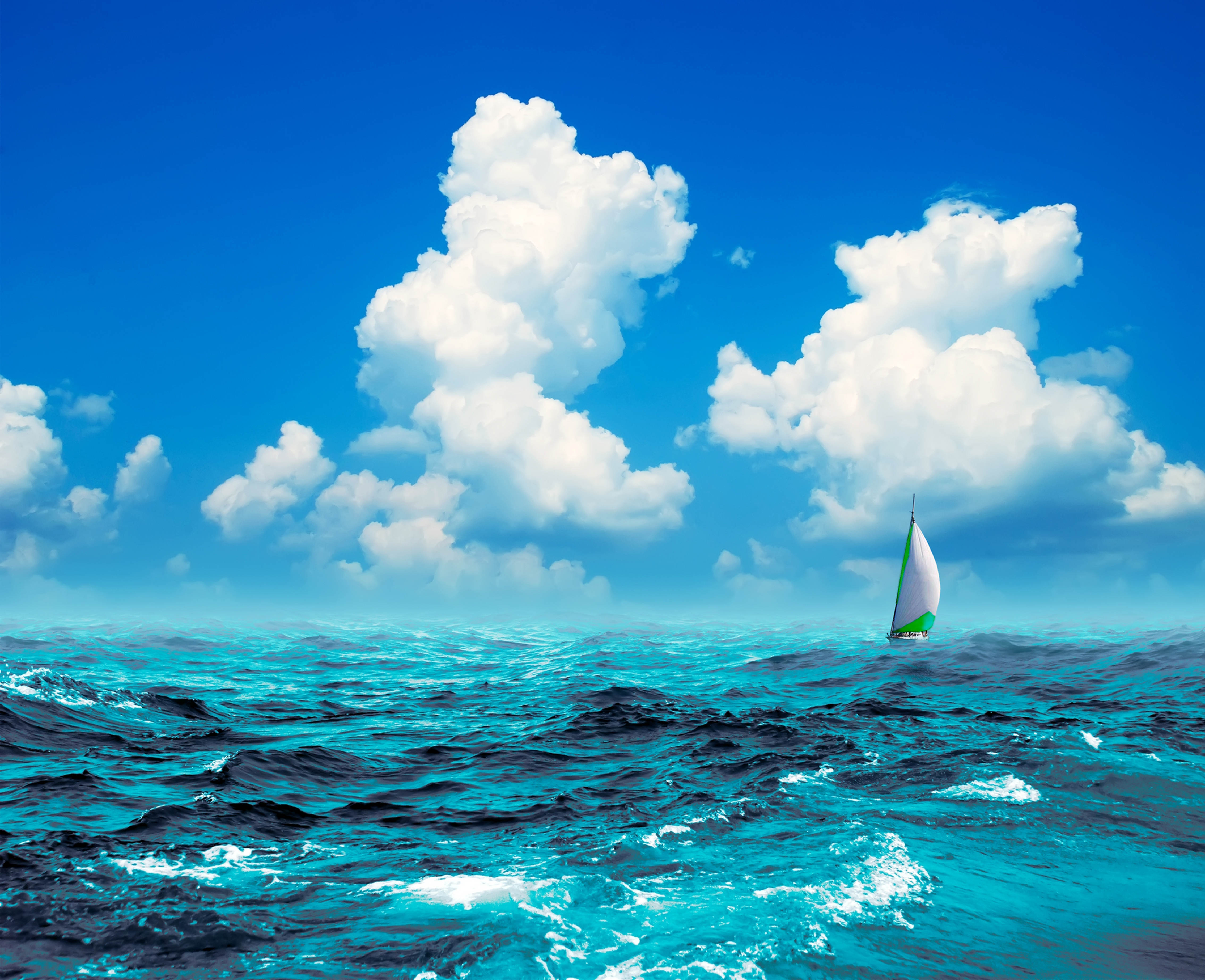 Image: Sky, blue, clouds, sea, ocean, waves, sail, boat