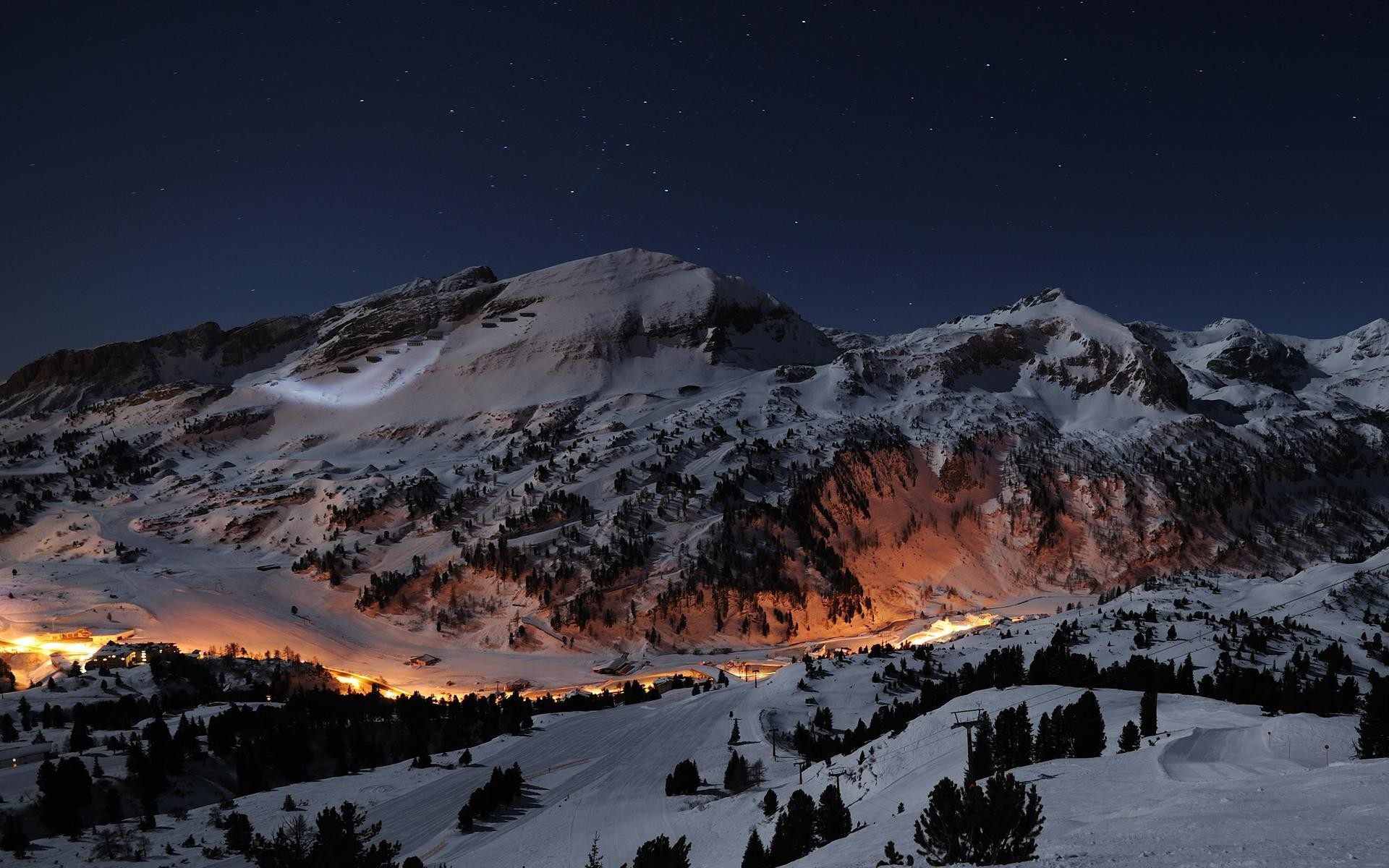 Image: Mountains, night, sky, stars, lights, trees, snow, winter, base